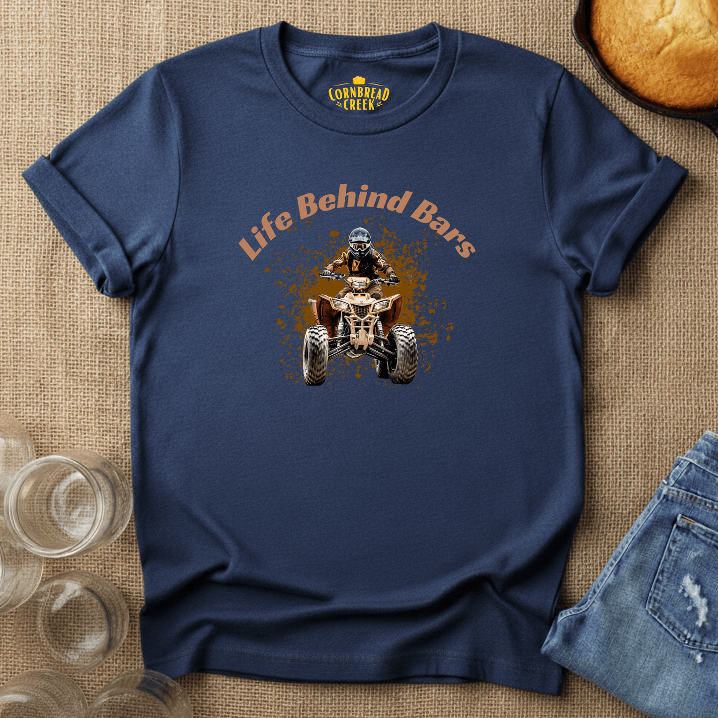 Life Behind Bars (ATV) T-Shirt Chicken and Rural Homestead Graphic tee Cornbread Creek