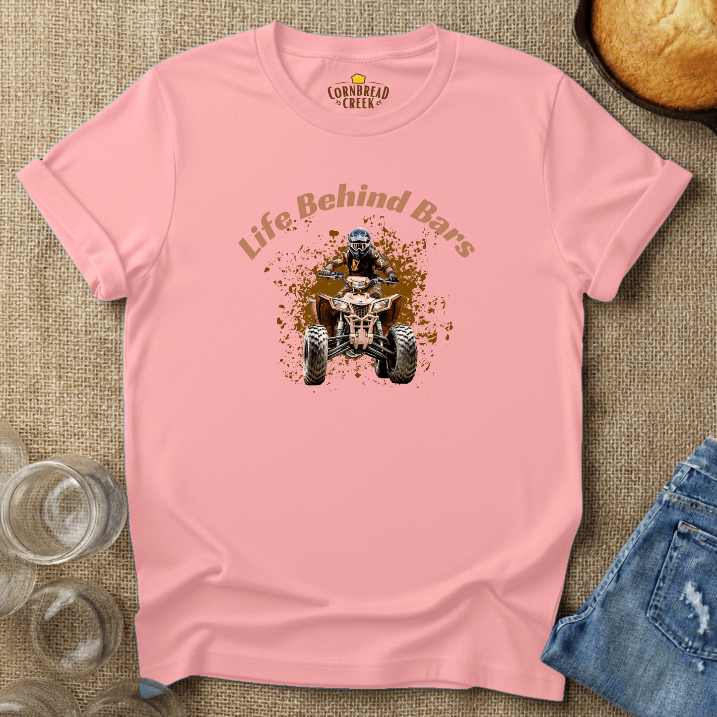 Life Behind Bars (ATV) T-Shirt Chicken and Rural Homestead Graphic tee Cornbread Creek