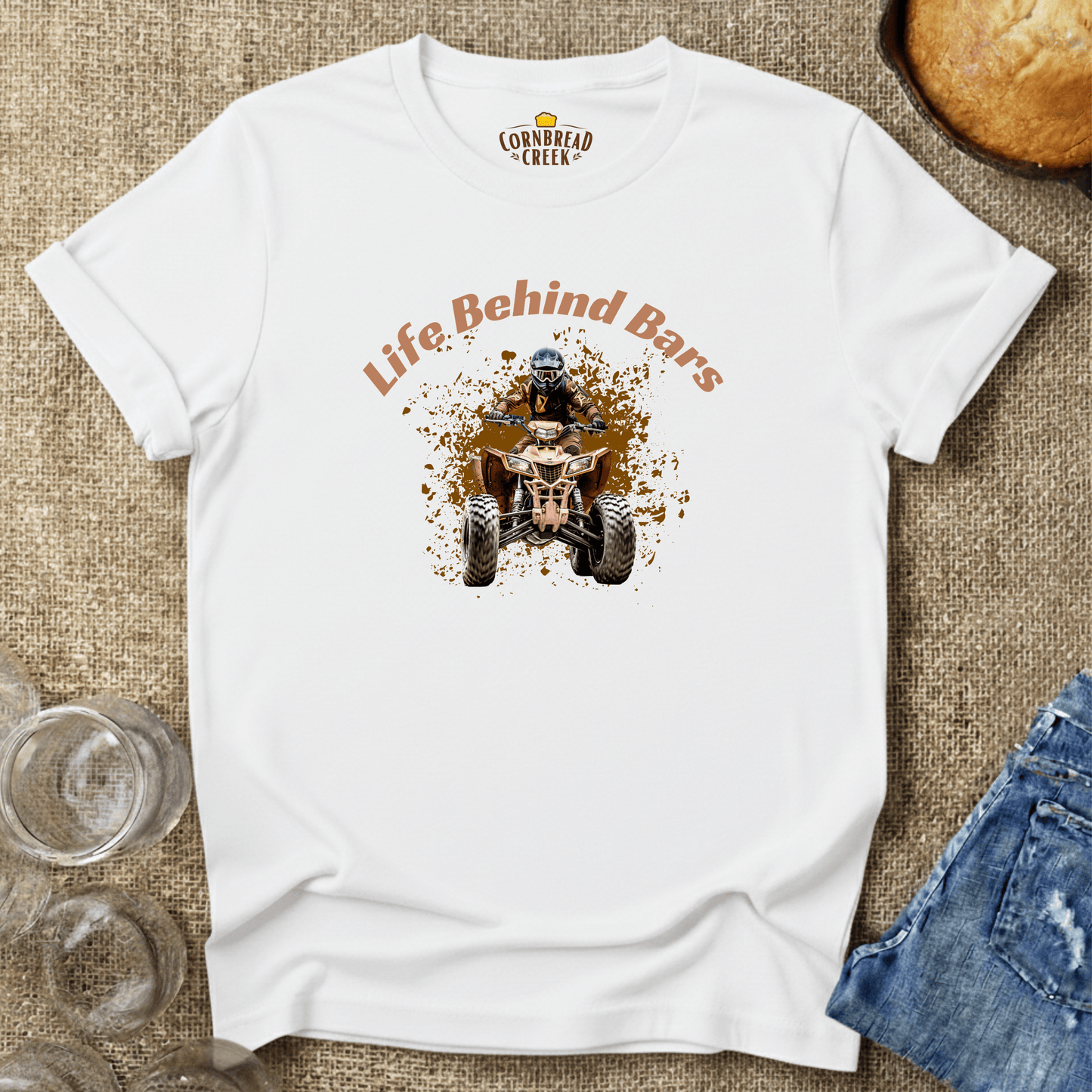Life Behind Bars (ATV) T-Shirt Chicken and Rural Homestead Graphic tee Cornbread Creek