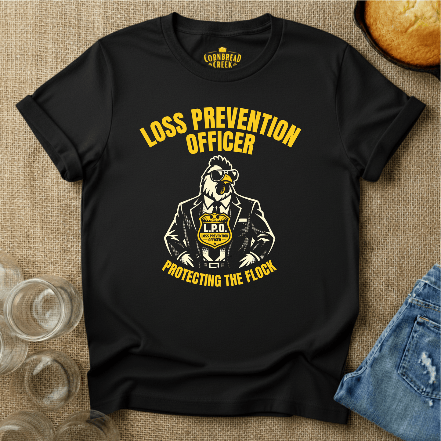 Loss Prevention Officer, Protecting the Flock T-Shirt Chicken and Rural Homestead Graphic tee Cornbread Creek