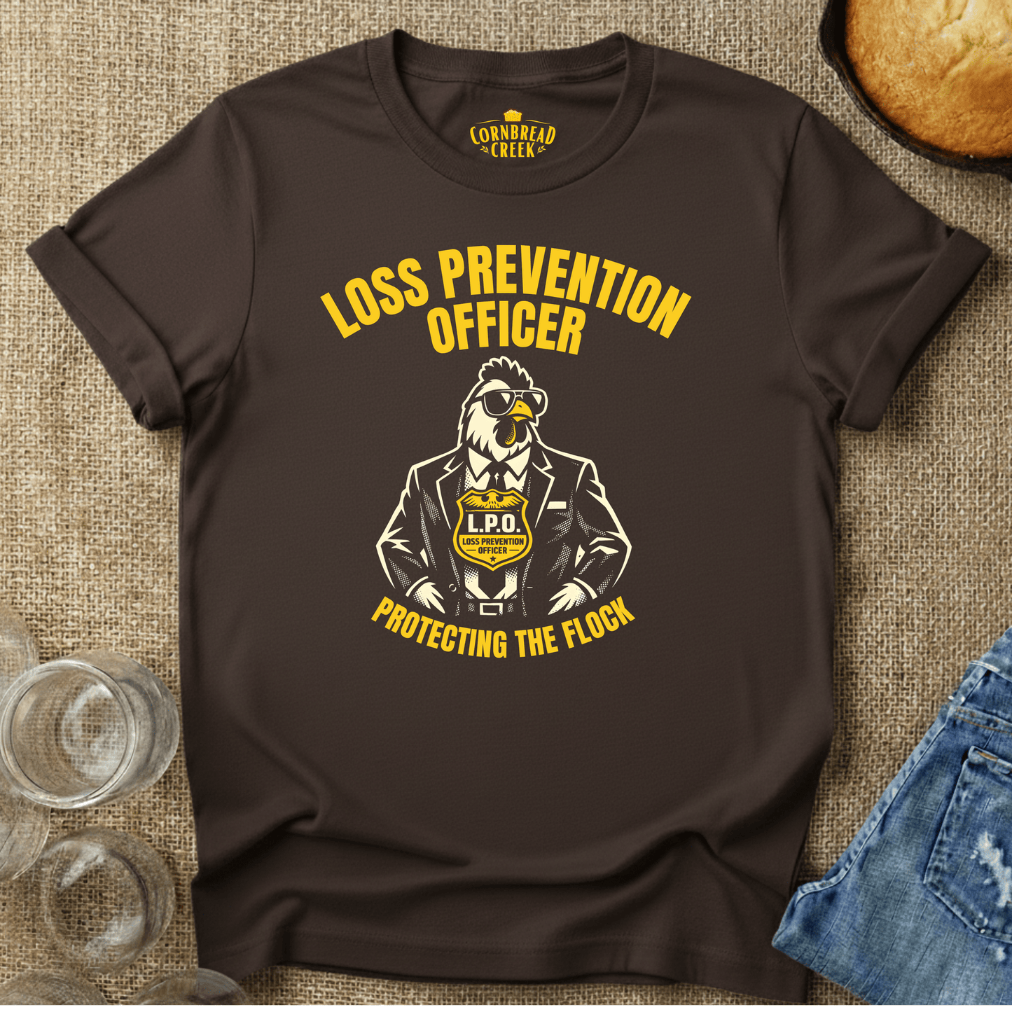 Loss Prevention Officer, Protecting the Flock T-Shirt Chicken and Rural Homestead Graphic tee Cornbread Creek