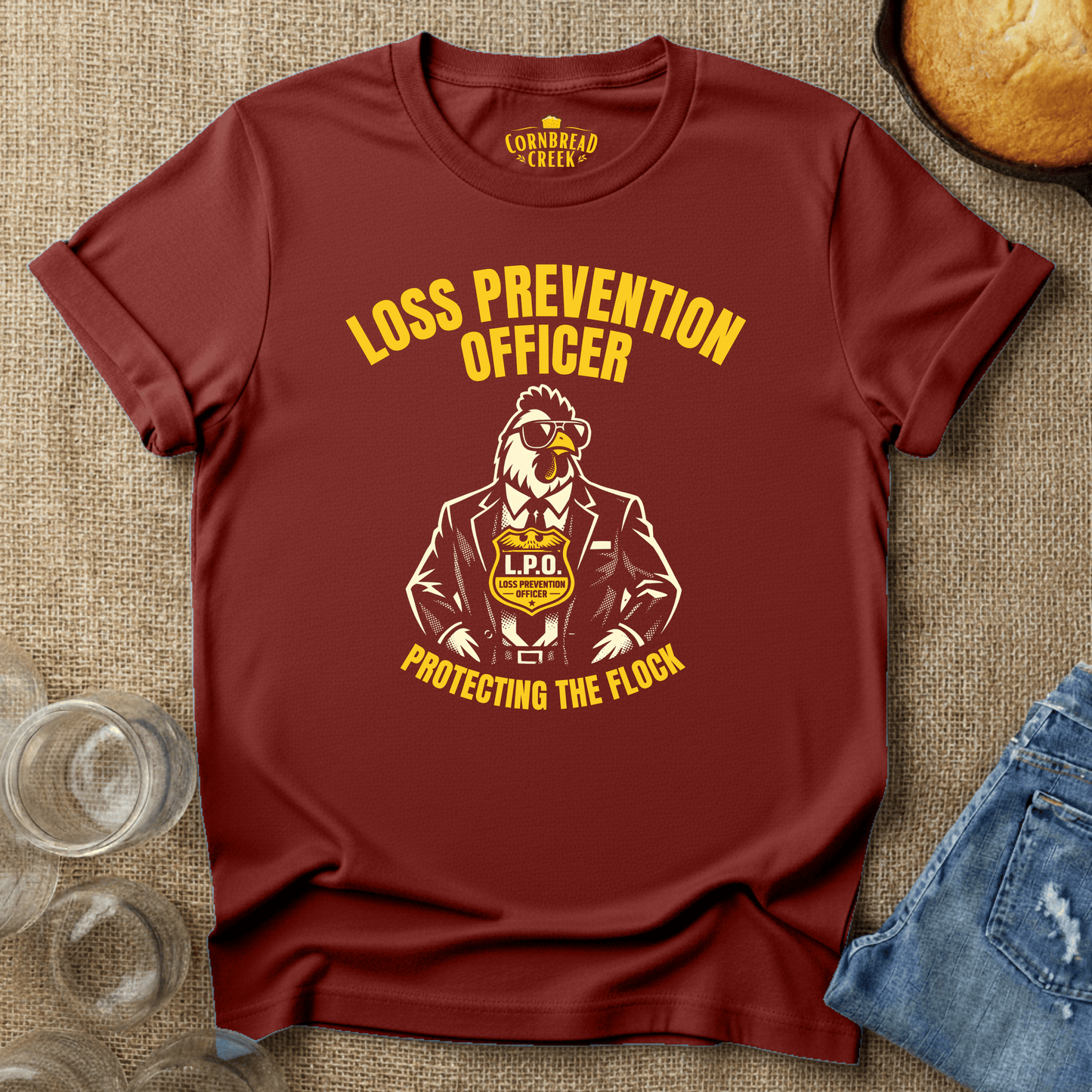 Loss Prevention Officer, Protecting the Flock T-Shirt Chicken and Rural Homestead Graphic tee Cornbread Creek