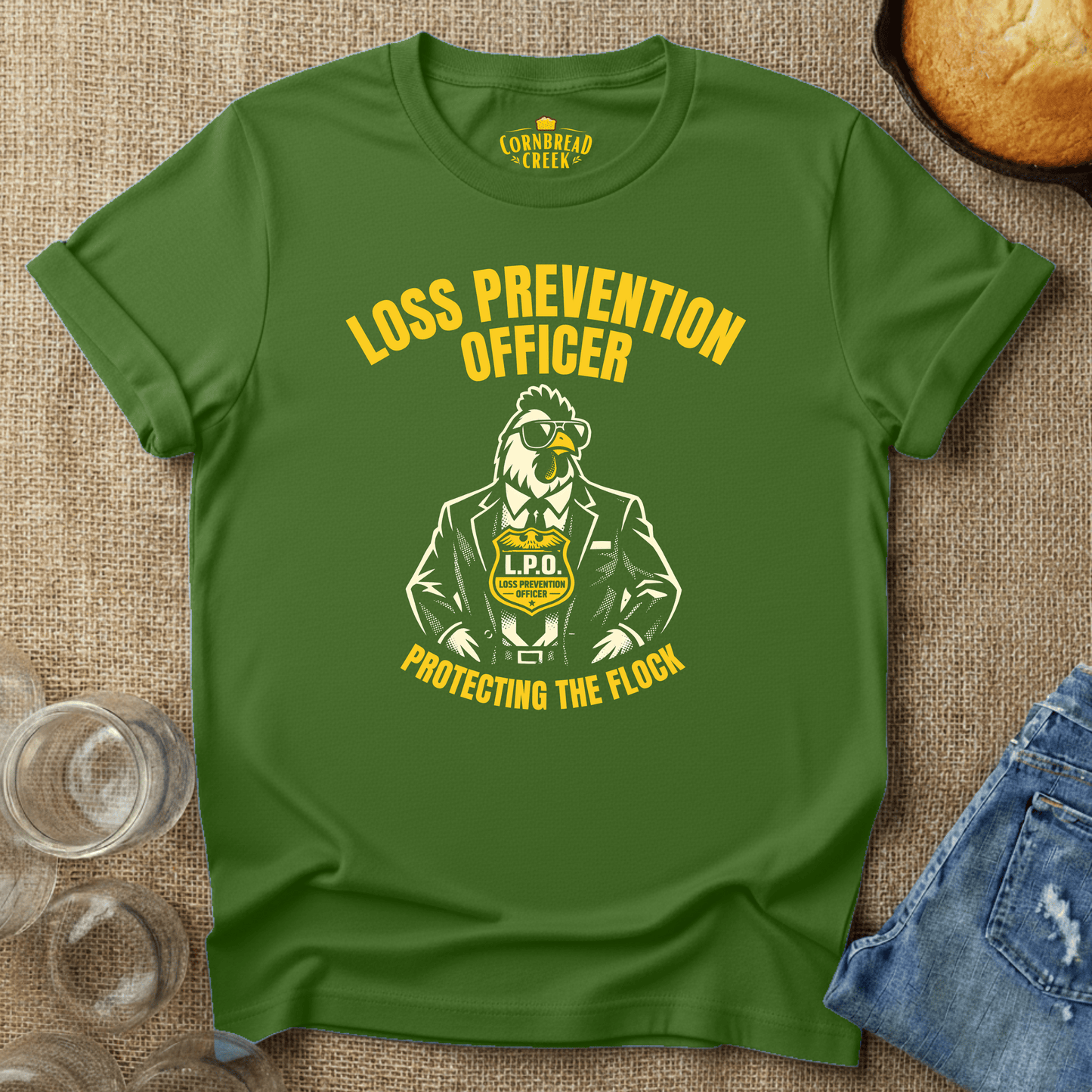Loss Prevention Officer, Protecting the Flock T-Shirt Chicken and Rural Homestead Graphic tee Cornbread Creek