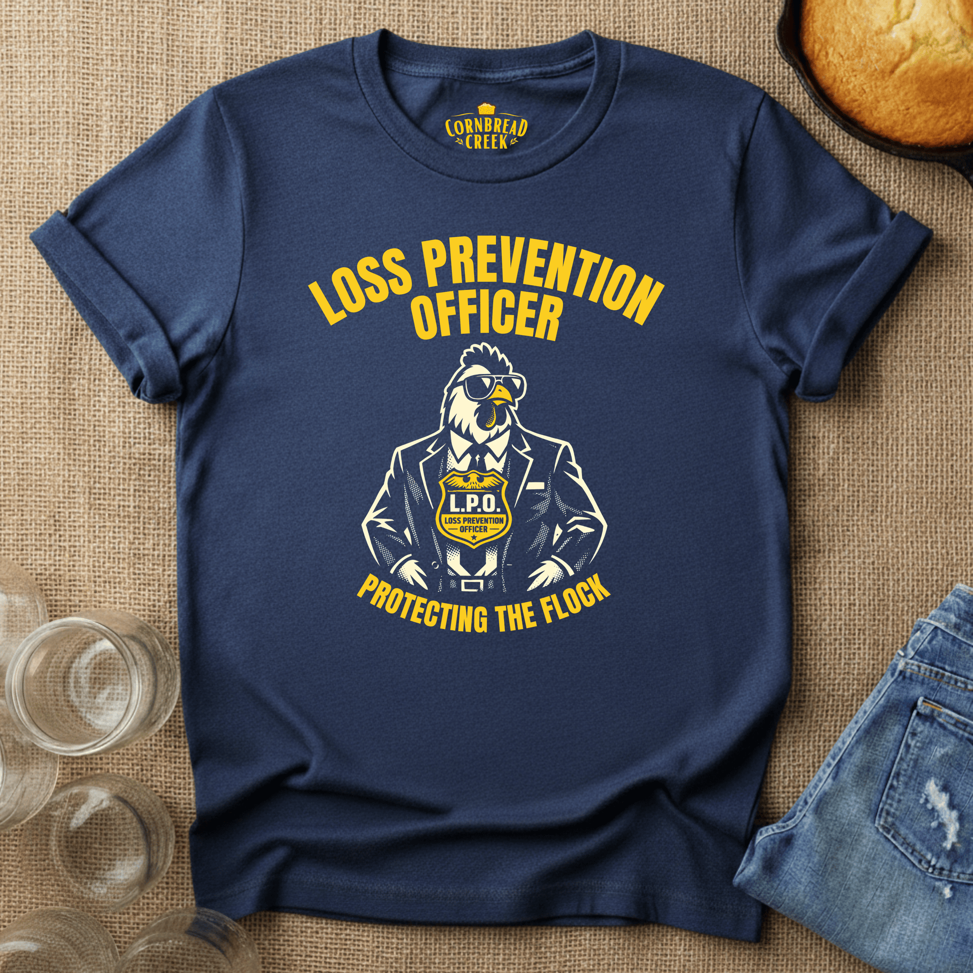 Loss Prevention Officer, Protecting the Flock T-Shirt Chicken and Rural Homestead Graphic tee Cornbread Creek