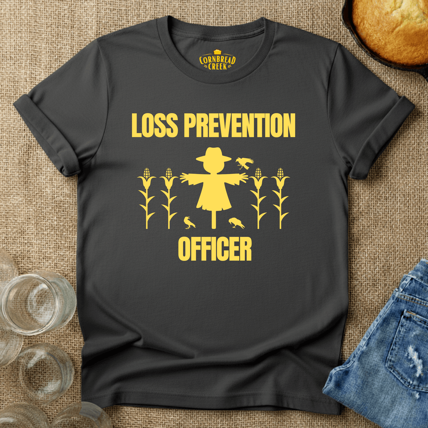 Loss Prevention Officer (Scarecrow) T-Shirt Chicken and Rural Homestead Graphic tee Cornbread Creek