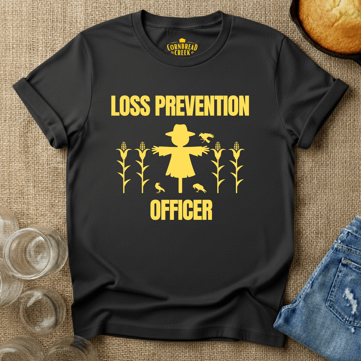Loss Prevention Officer (Scarecrow) T-Shirt Chicken and Rural Homestead Graphic tee Cornbread Creek