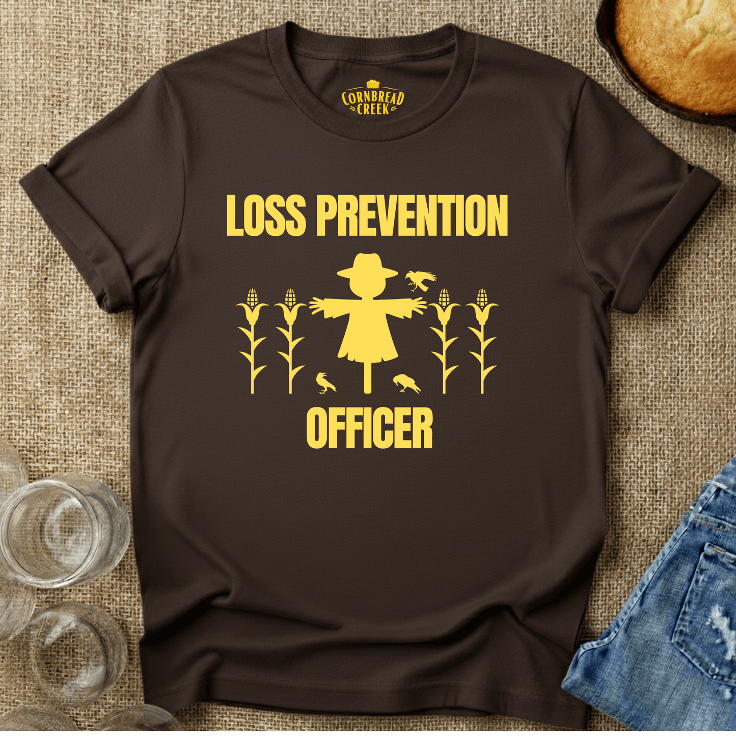 Loss Prevention Officer (Scarecrow) T-Shirt Chicken and Rural Homestead Graphic tee Cornbread Creek