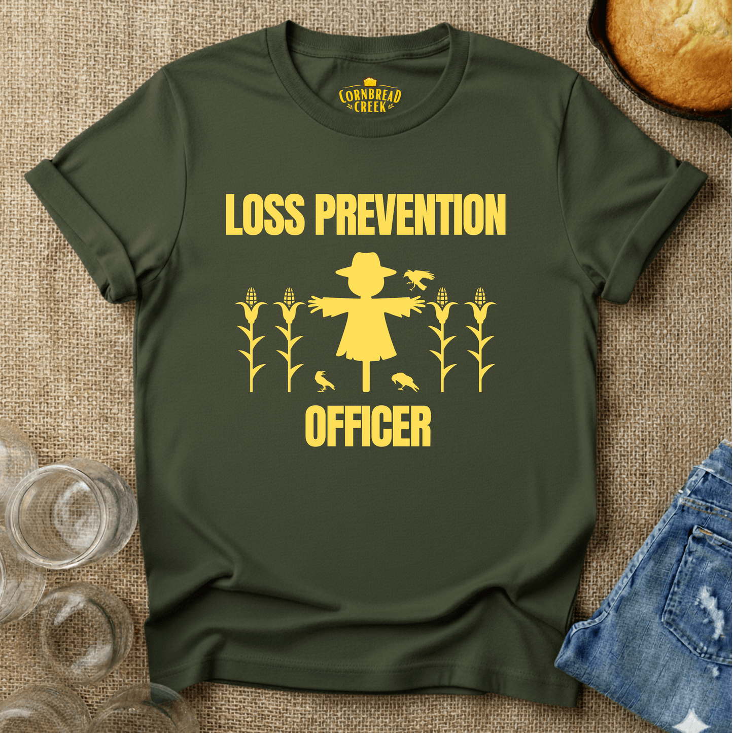 Loss Prevention Officer (Scarecrow) T-Shirt Chicken and Rural Homestead Graphic tee Cornbread Creek