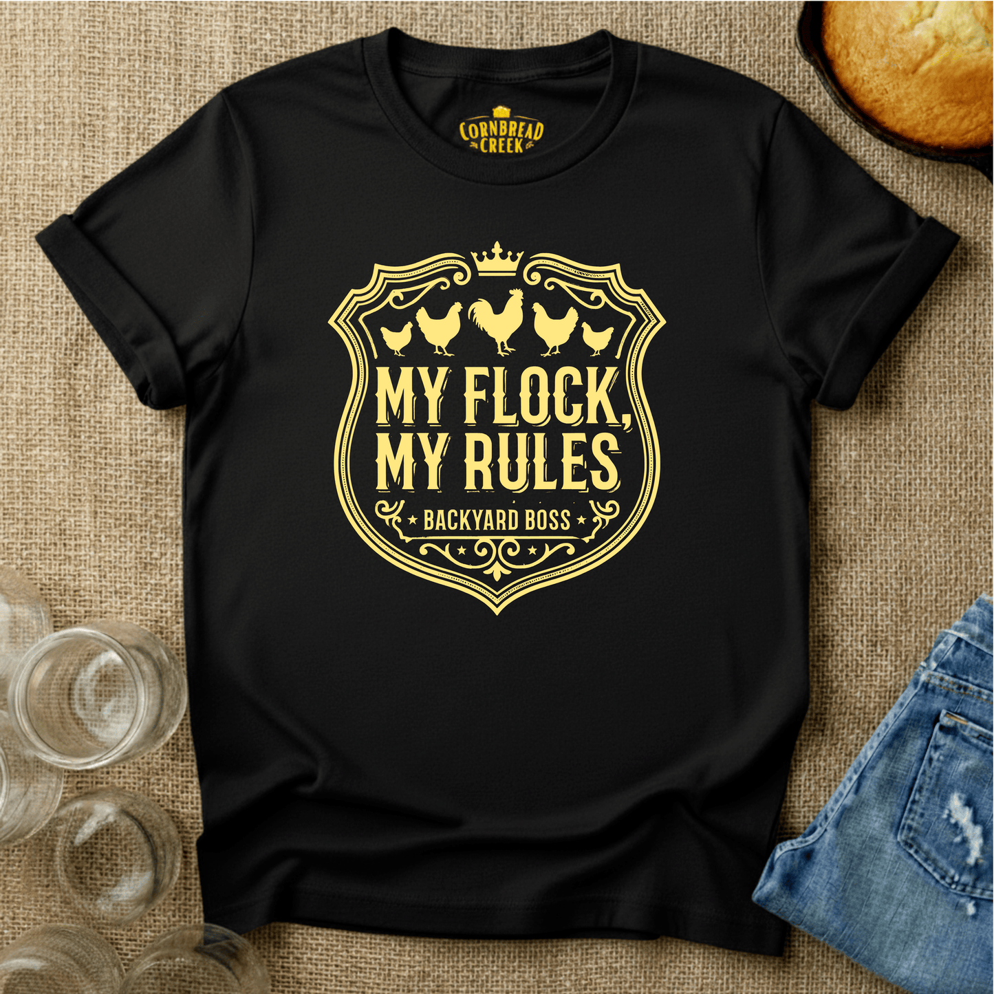 My Flock, My Rules T-Shirt Chicken and Rural Homestead Graphic tee Cornbread Creek