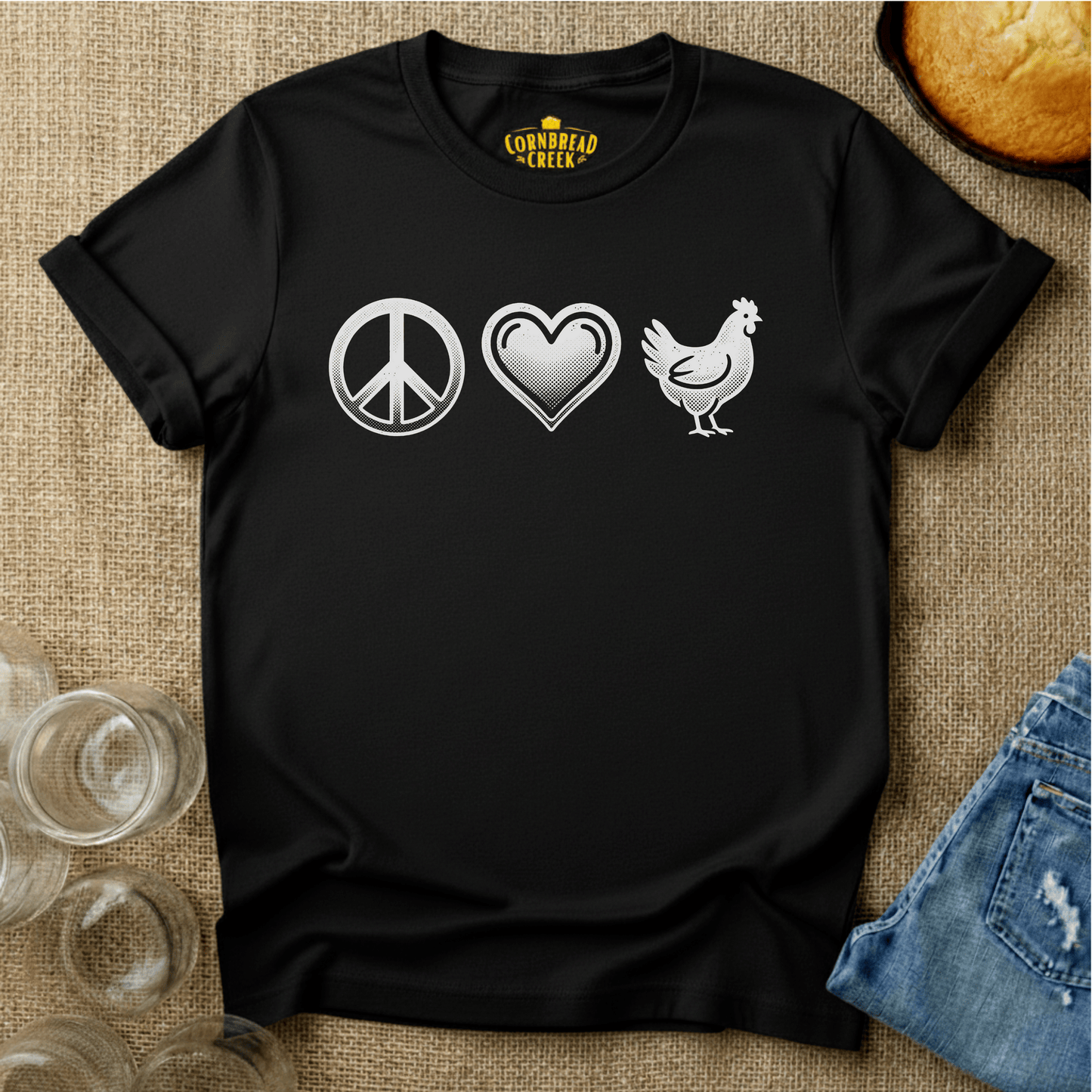 Peace, Love, Chickens T-Shirt Chicken and Rural Homestead Graphic tee Cornbread Creek