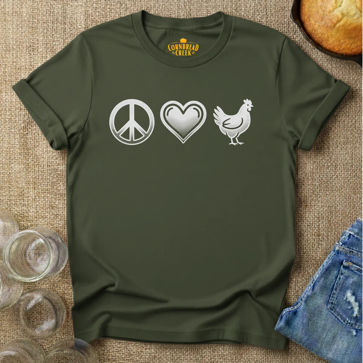 Peace, Love, Chickens T-Shirt Chicken and Rural Homestead Graphic tee Cornbread Creek
