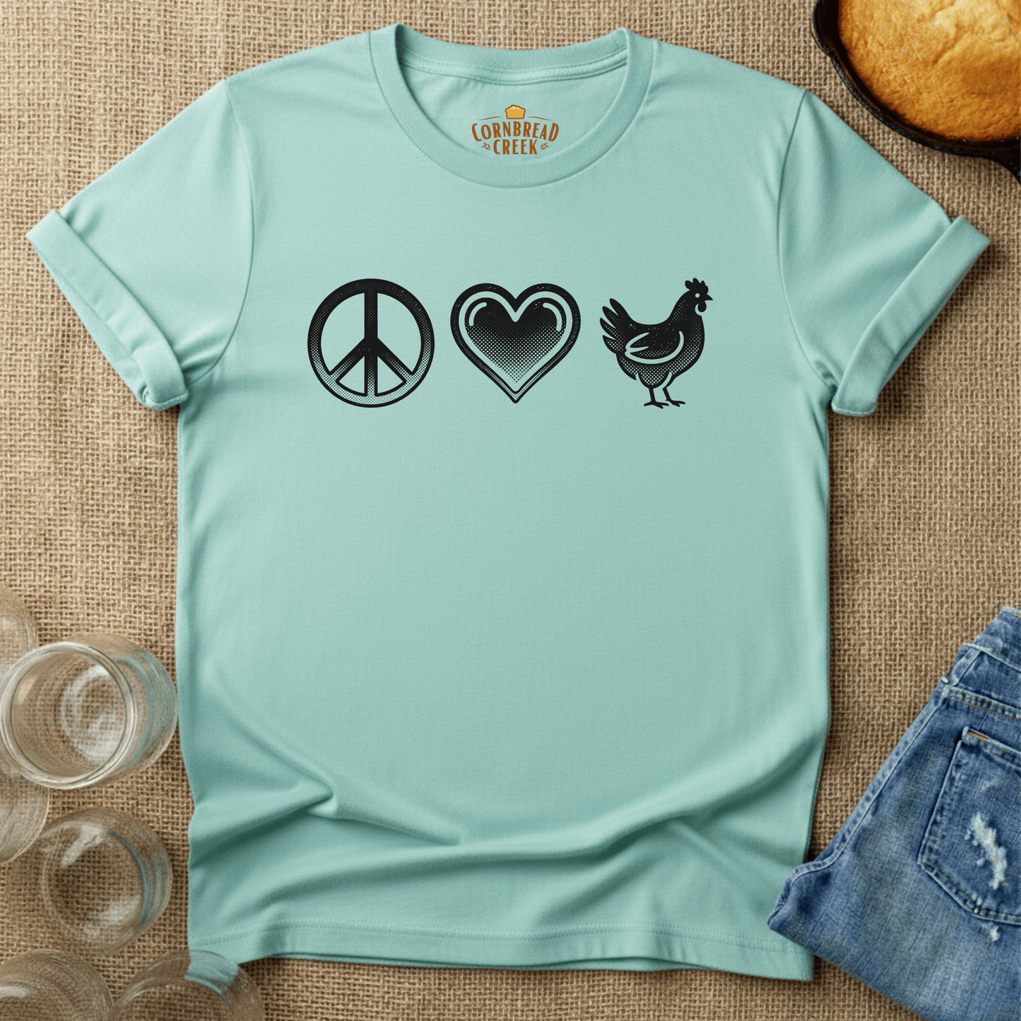 Peace, Love, Chickens T-Shirt Chicken and Rural Homestead Graphic tee Cornbread Creek