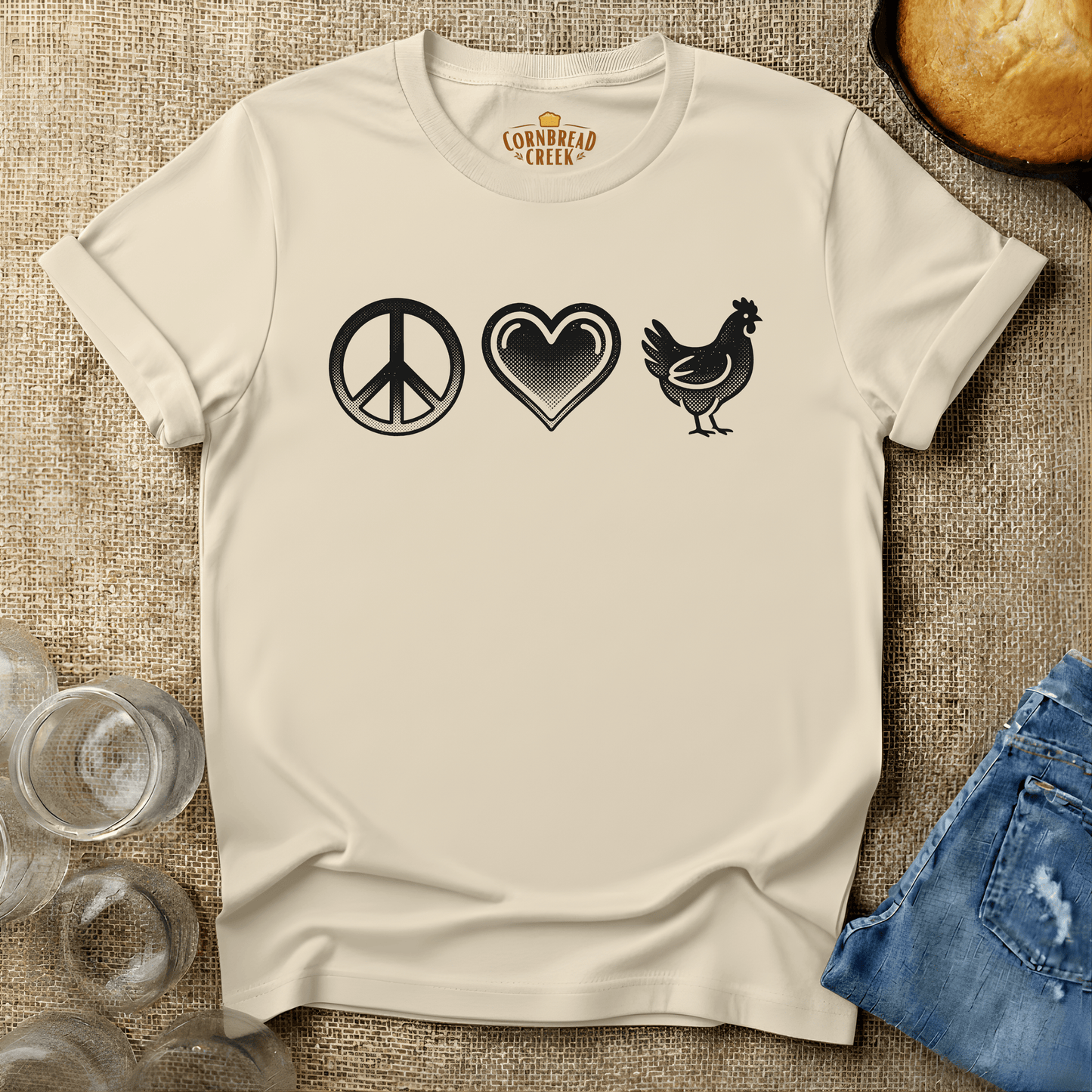 Peace, Love, Chickens T-Shirt Chicken and Rural Homestead Graphic tee Cornbread Creek