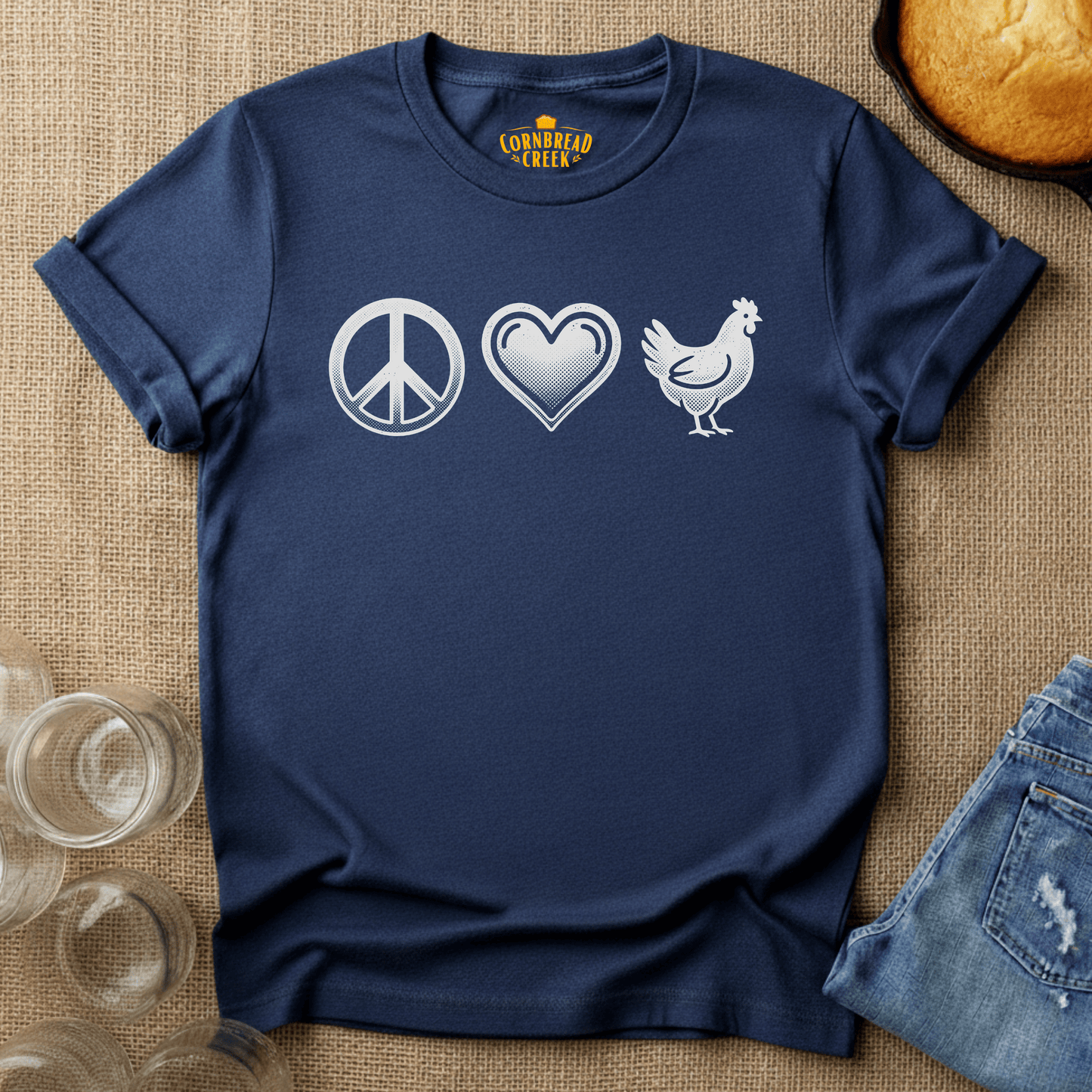 Peace, Love, Chickens T-Shirt Chicken and Rural Homestead Graphic tee Cornbread Creek