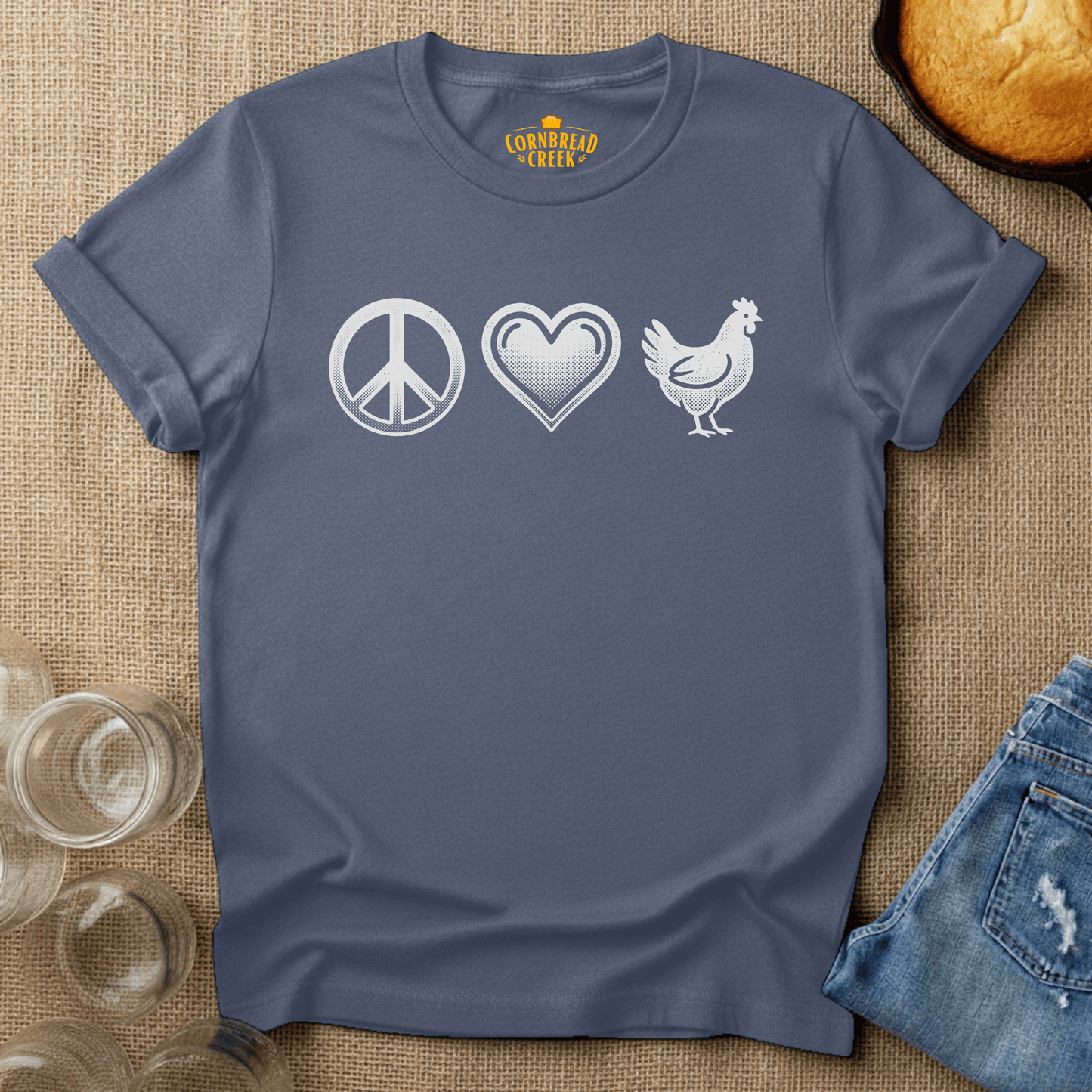 Peace, Love, Chickens T-Shirt Chicken and Rural Homestead Graphic tee Cornbread Creek