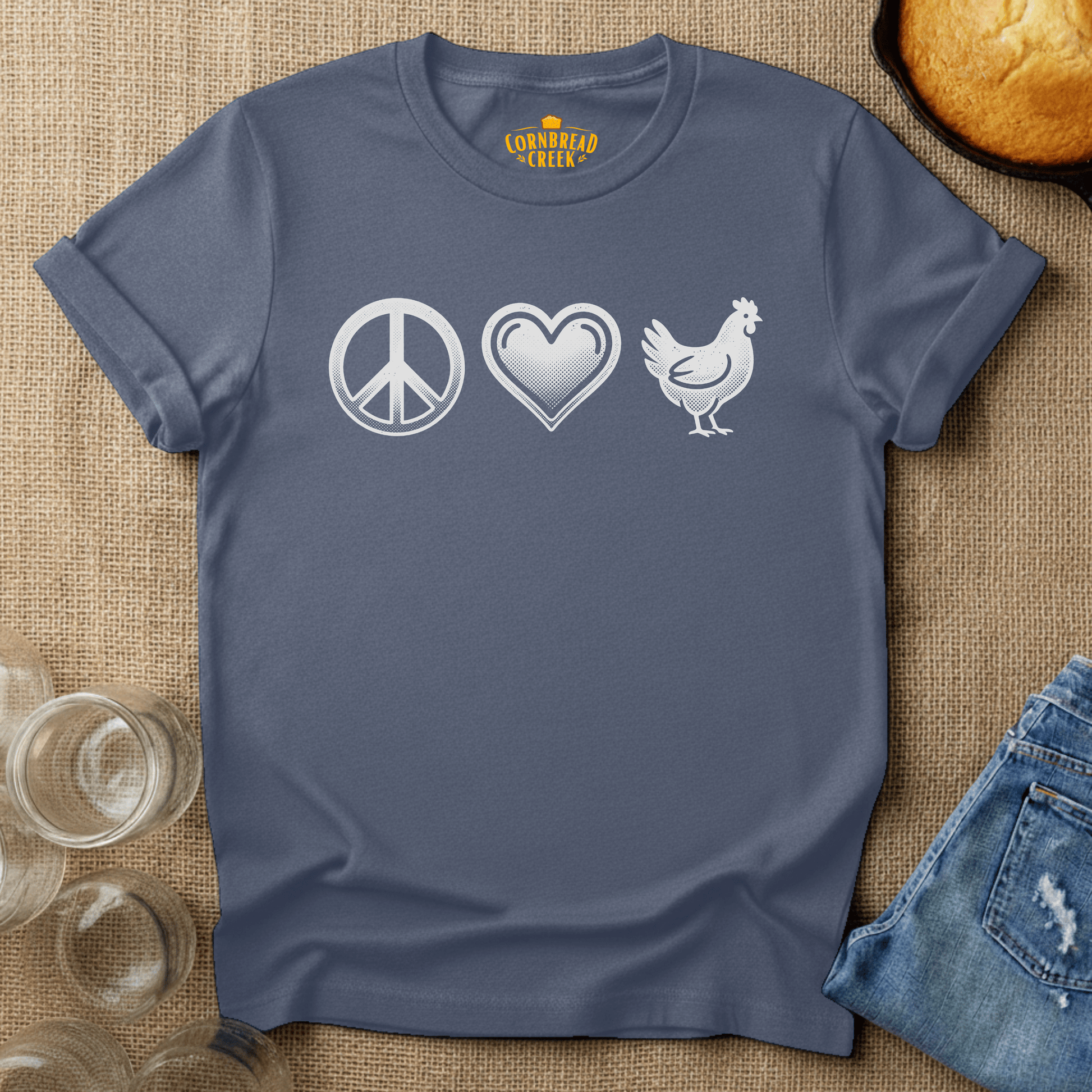 Peace, Love, Chickens T-Shirt Chicken and Rural Homestead Graphic tee Cornbread Creek