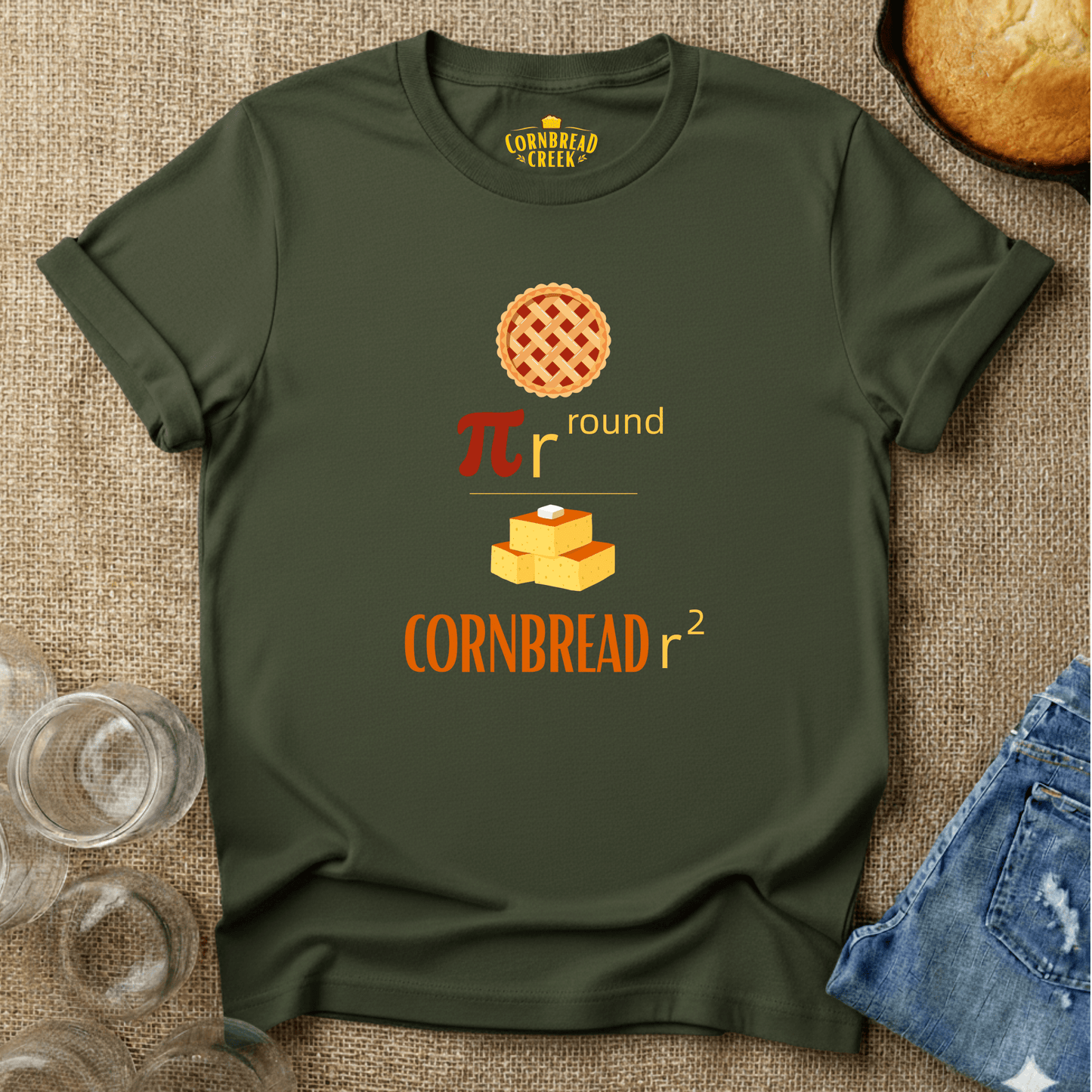 Pi R Round. Cornbread R Square T-Shirt Chicken and Rural Homestead Graphic tee Cornbread Creek