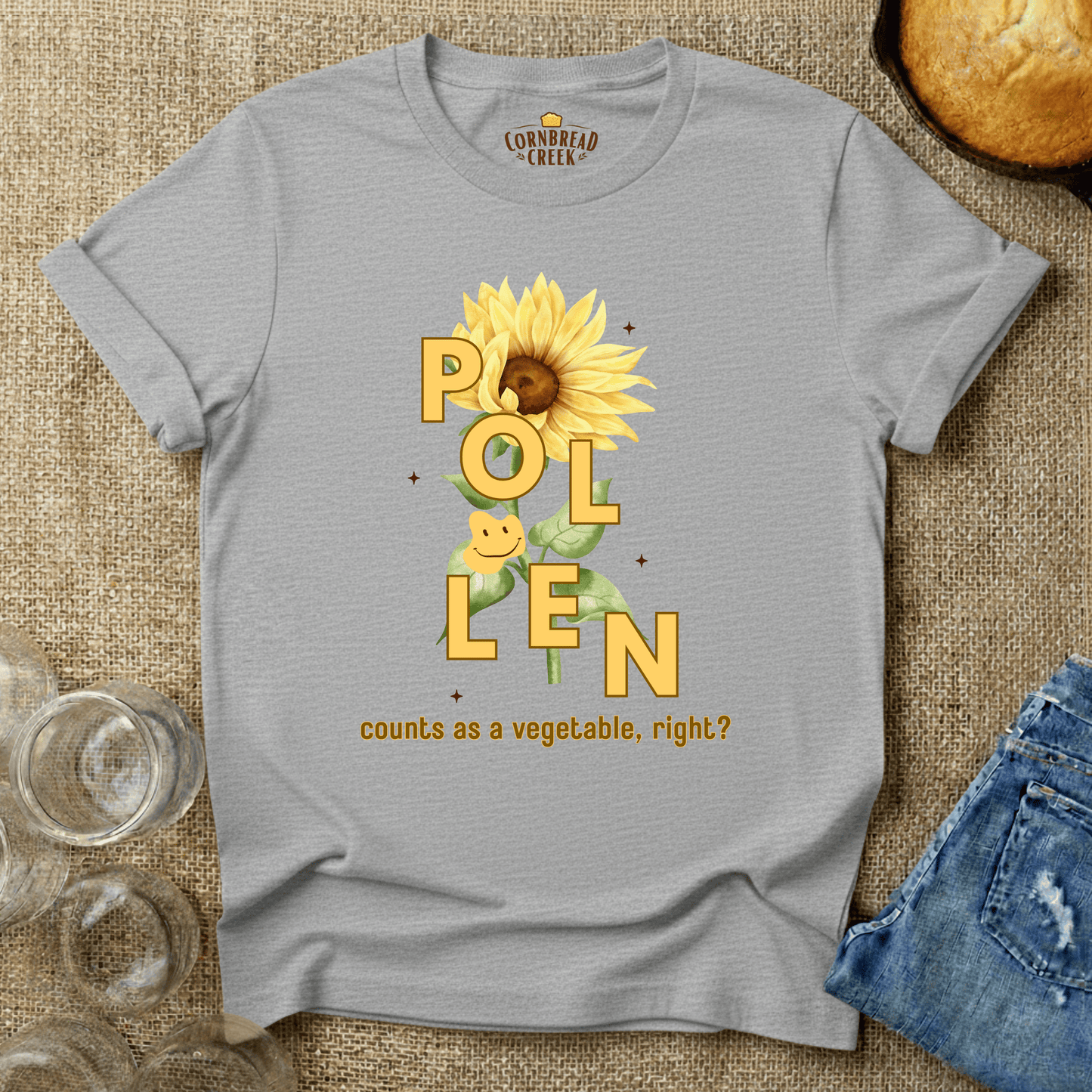 Pollen Counts as a Vegetable - Flower T-Shirt Chicken and Rural Homestead Graphic tee Cornbread Creek