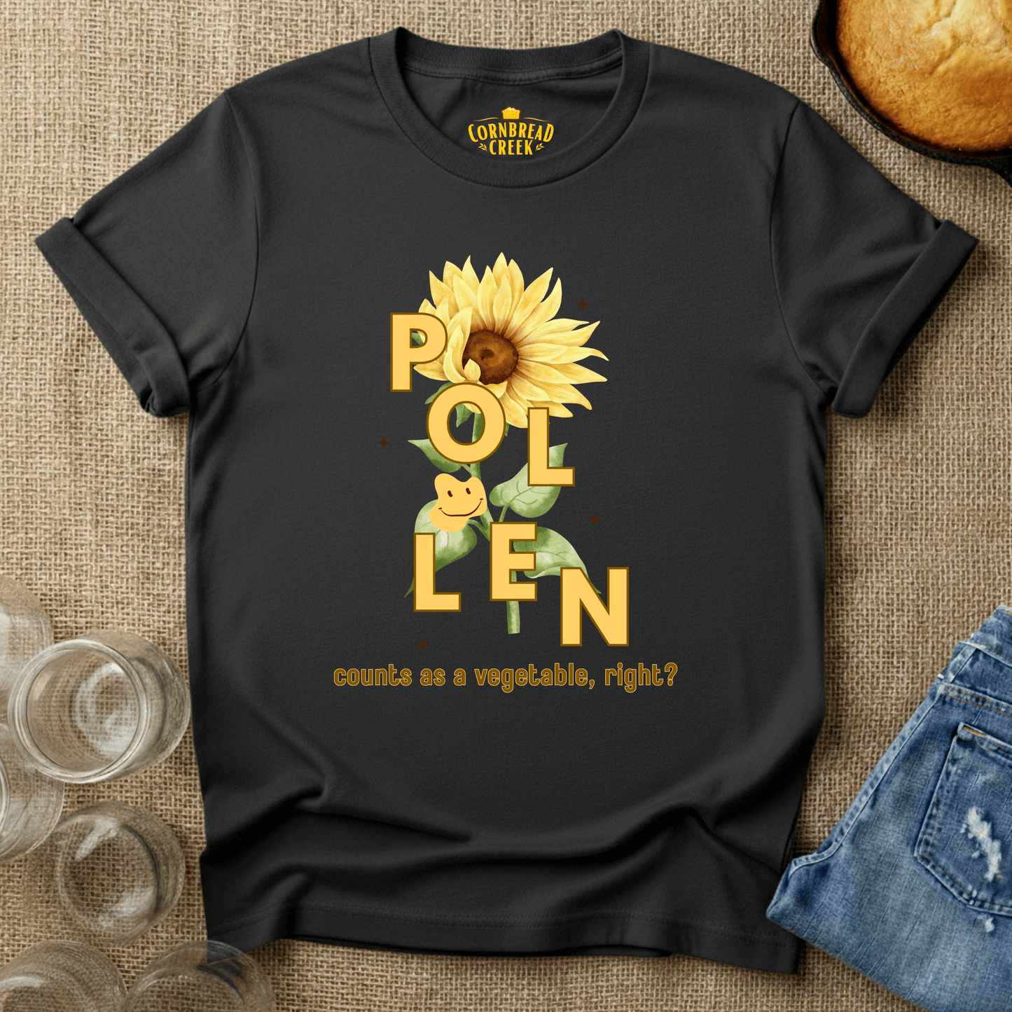 Pollen Counts as a Vegetable - Flower T-Shirt Chicken and Rural Homestead Graphic tee Cornbread Creek