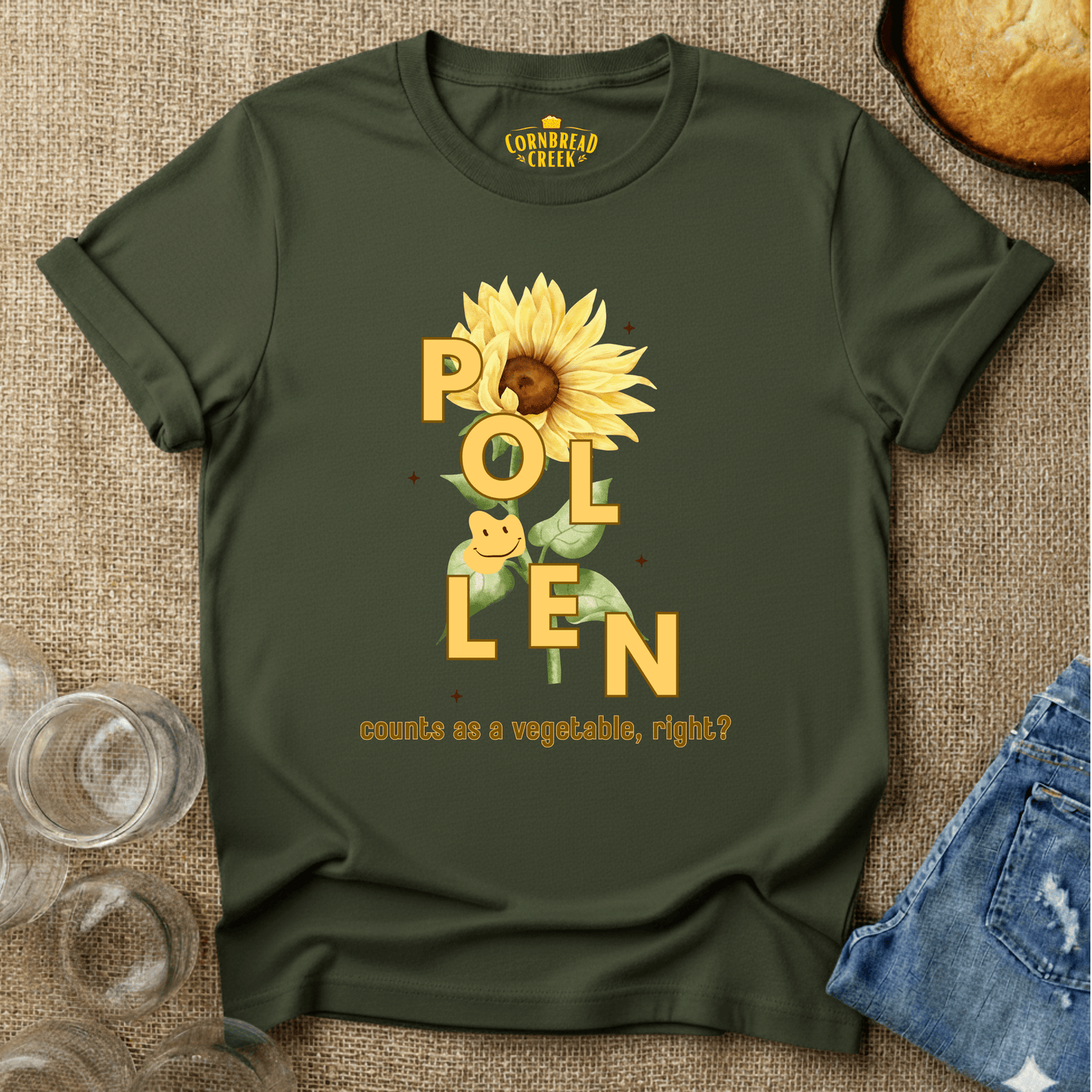 Pollen Counts as a Vegetable - Flower T-Shirt Chicken and Rural Homestead Graphic tee Cornbread Creek