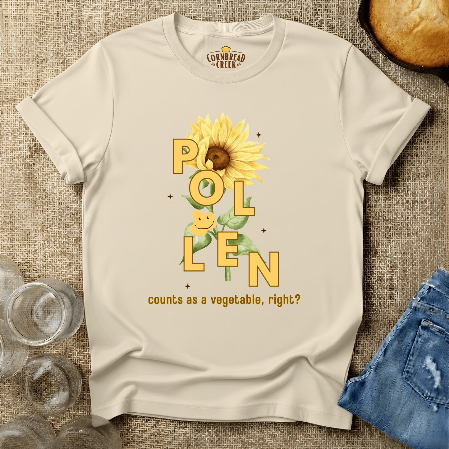 Pollen Counts as a Vegetable - Flower T-Shirt Chicken and Rural Homestead Graphic tee Cornbread Creek