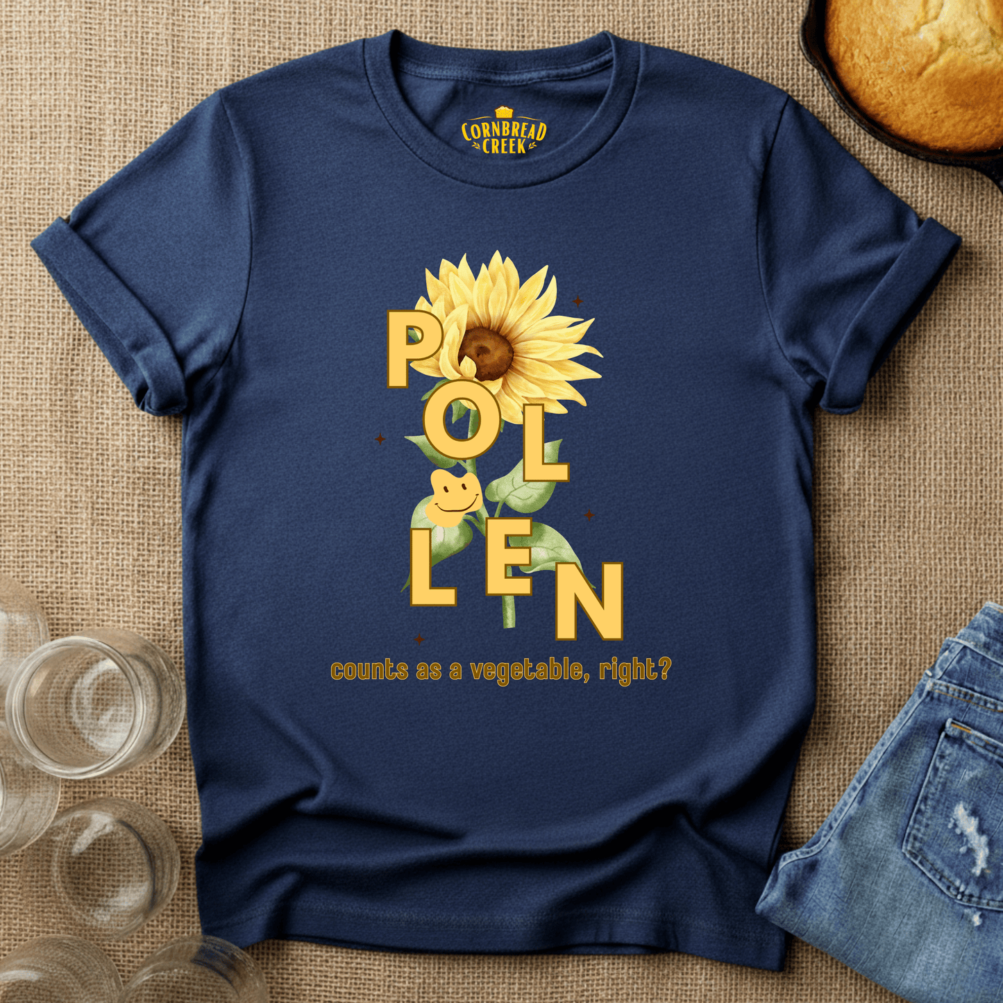 Pollen Counts as a Vegetable - Flower T-Shirt Chicken and Rural Homestead Graphic tee Cornbread Creek