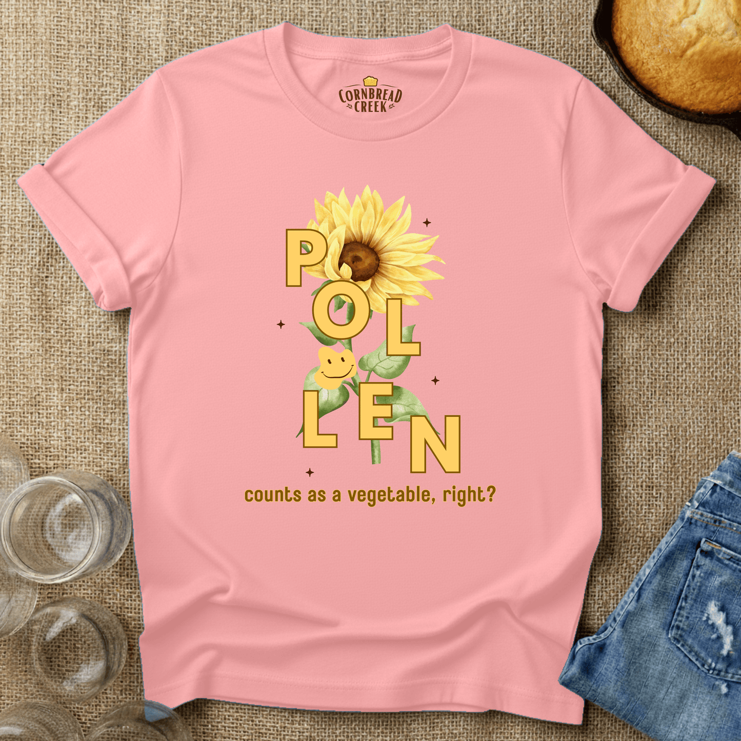 Pollen Counts as a Vegetable - Flower T-Shirt Chicken and Rural Homestead Graphic tee Cornbread Creek