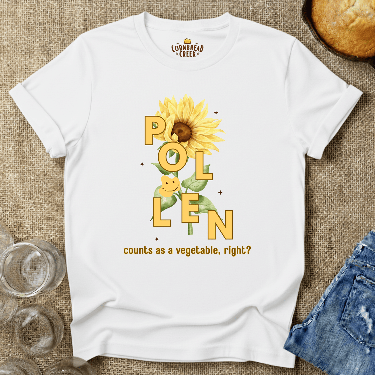 Pollen Counts as a Vegetable - Flower T-Shirt Chicken and Rural Homestead Graphic tee Cornbread Creek