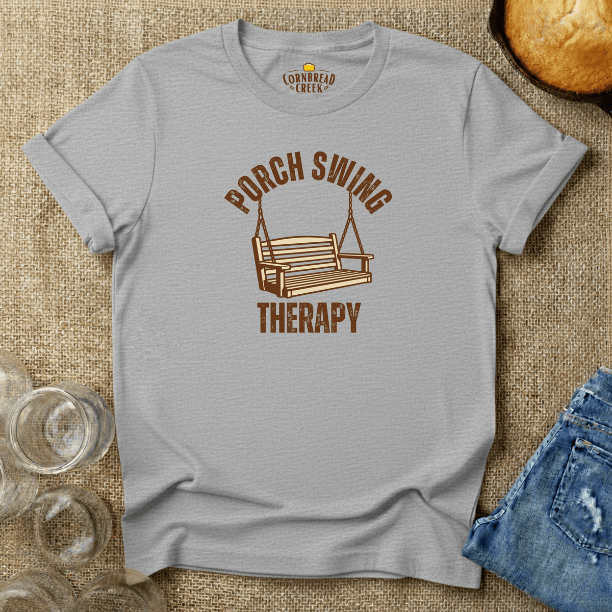 Porch Swing Therapy T-Shirt Chicken and Rural Homestead Graphic tee Cornbread Creek