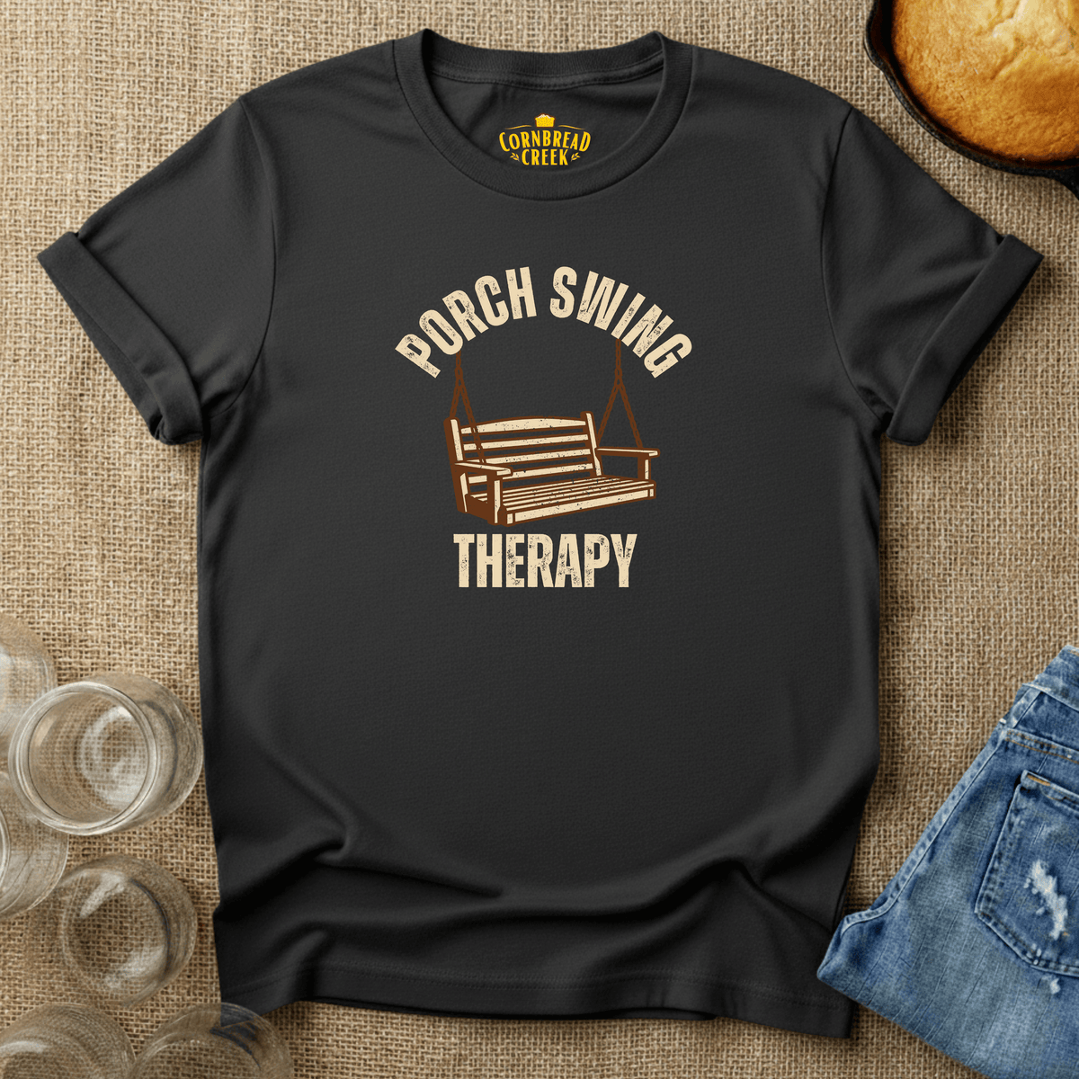 Porch Swing Therapy T-Shirt Chicken and Rural Homestead Graphic tee Cornbread Creek