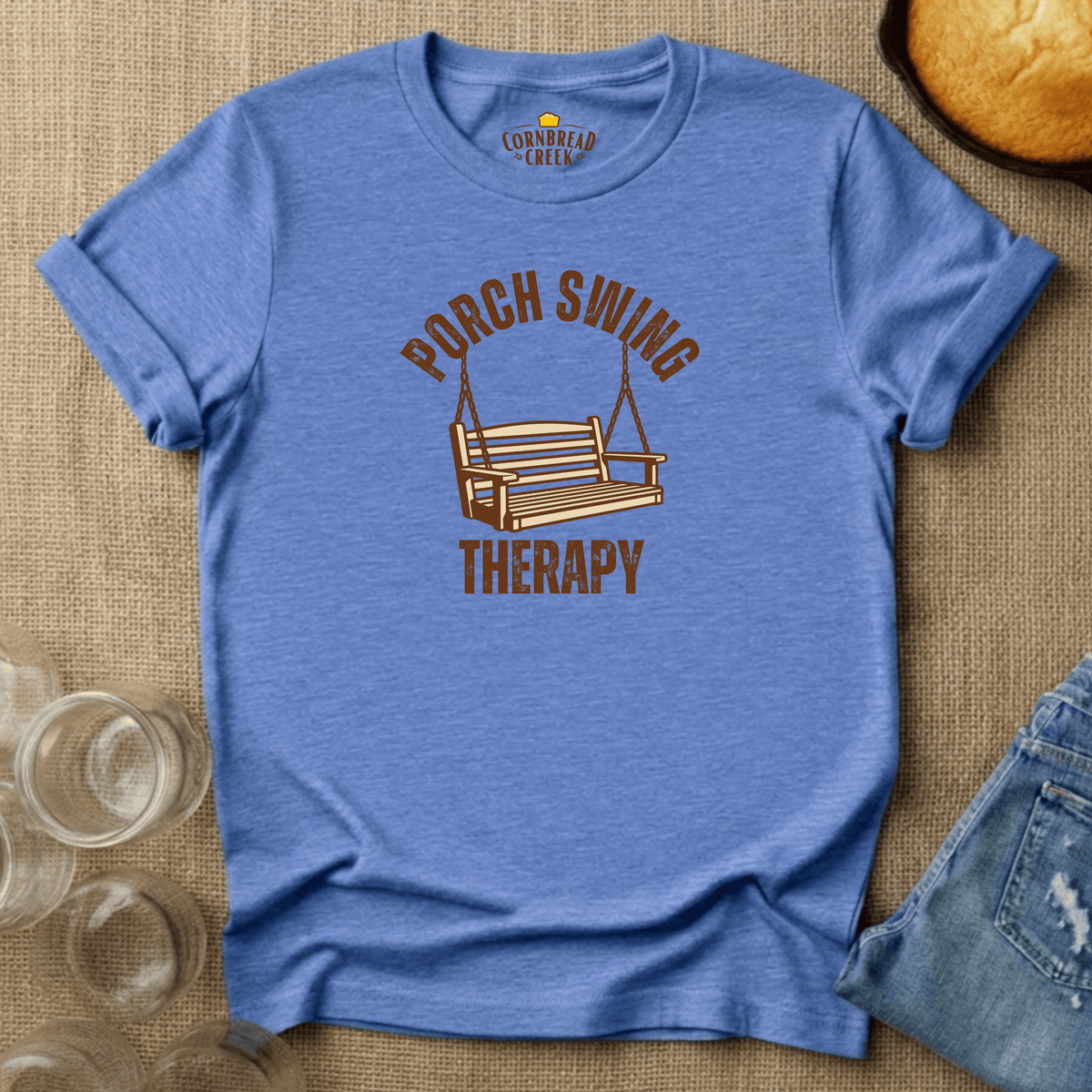 Porch Swing Therapy T-Shirt Chicken and Rural Homestead Graphic tee Cornbread Creek