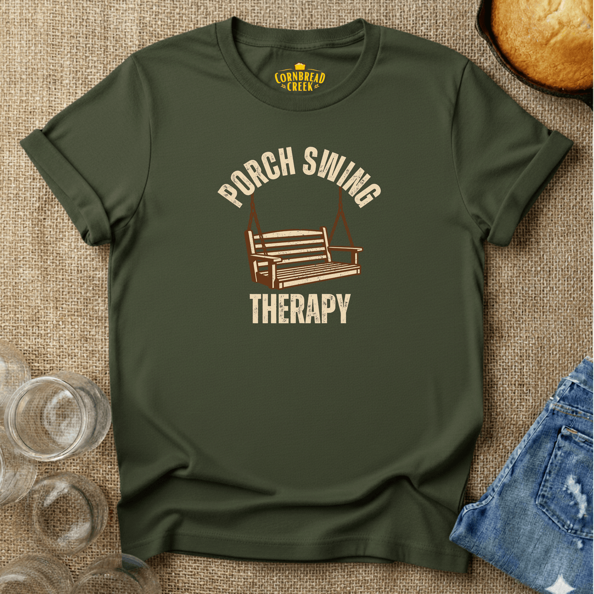 Porch Swing Therapy T-Shirt Chicken and Rural Homestead Graphic tee Cornbread Creek