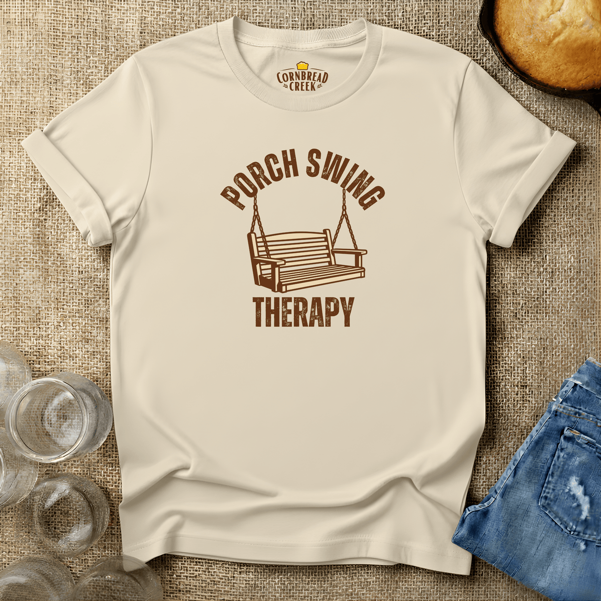 Porch Swing Therapy T-Shirt Chicken and Rural Homestead Graphic tee Cornbread Creek