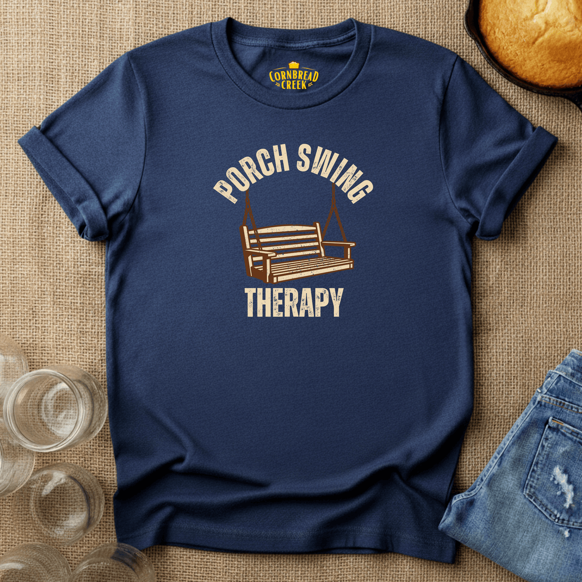 Porch Swing Therapy T-Shirt Chicken and Rural Homestead Graphic tee Cornbread Creek