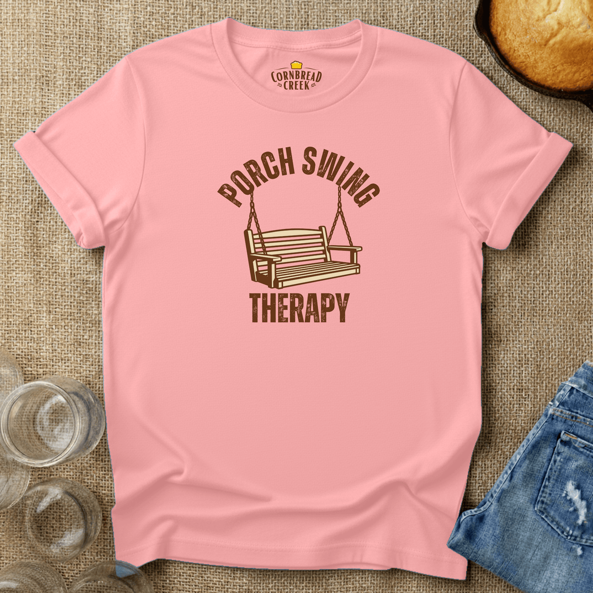 Porch Swing Therapy T-Shirt Chicken and Rural Homestead Graphic tee Cornbread Creek