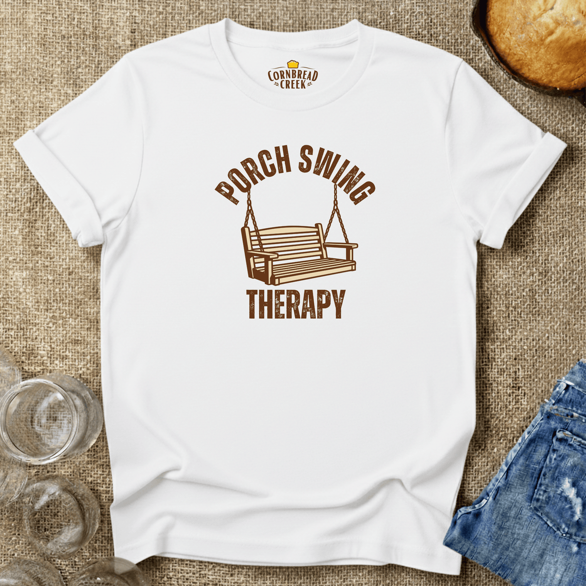 Porch Swing Therapy T-Shirt Chicken and Rural Homestead Graphic tee Cornbread Creek