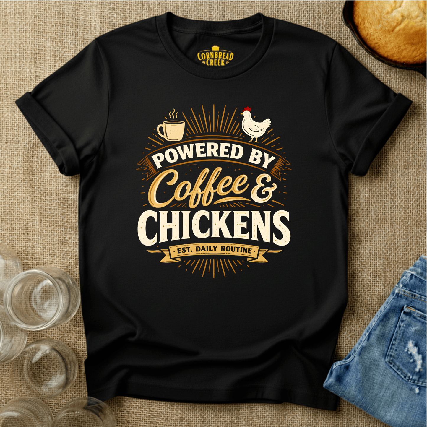 Powered By Coffee and Chickens T-Shirt Chicken and Rural Homestead Graphic tee Cornbread Creek