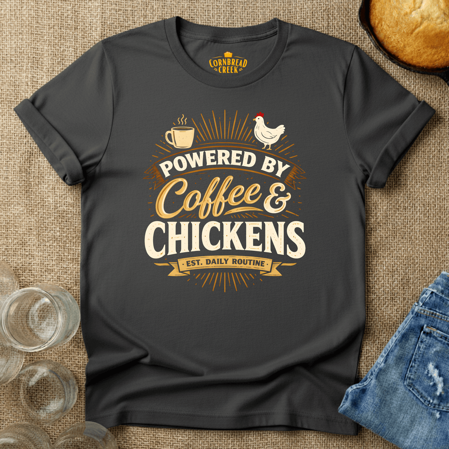 Powered By Coffee and Chickens T-Shirt Chicken and Rural Homestead Graphic tee Cornbread Creek