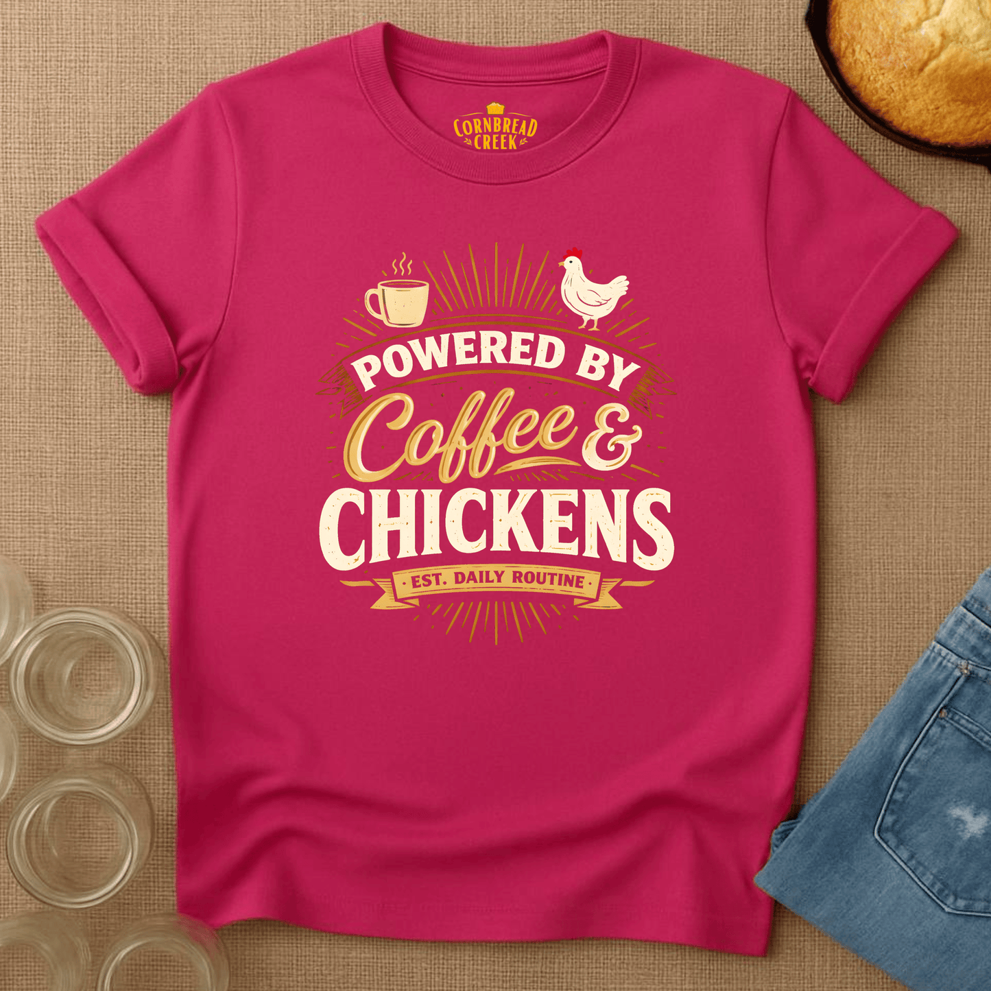 Powered By Coffee and Chickens T-Shirt Chicken and Rural Homestead Graphic tee Cornbread Creek