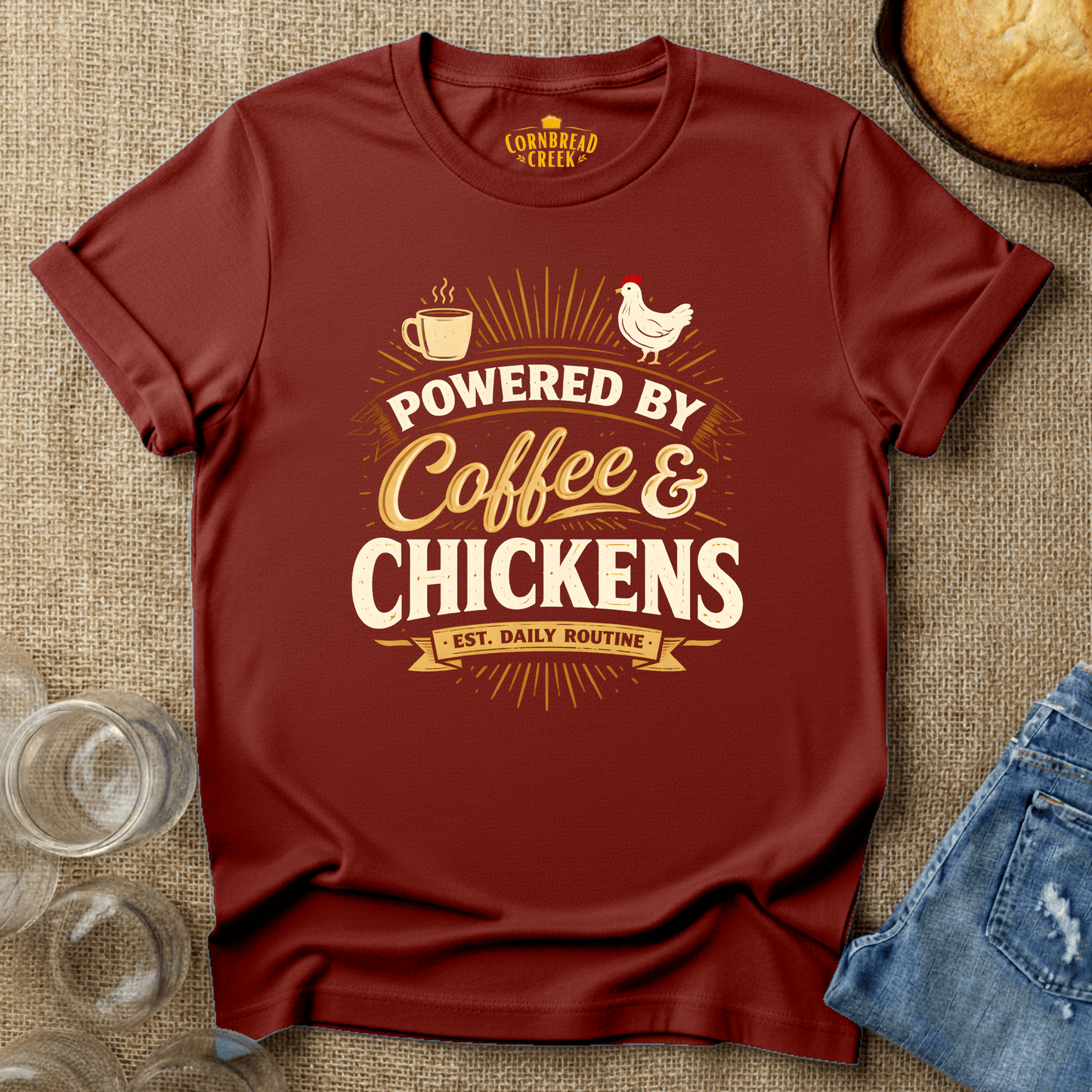 Powered By Coffee and Chickens T-Shirt Chicken and Rural Homestead Graphic tee Cornbread Creek