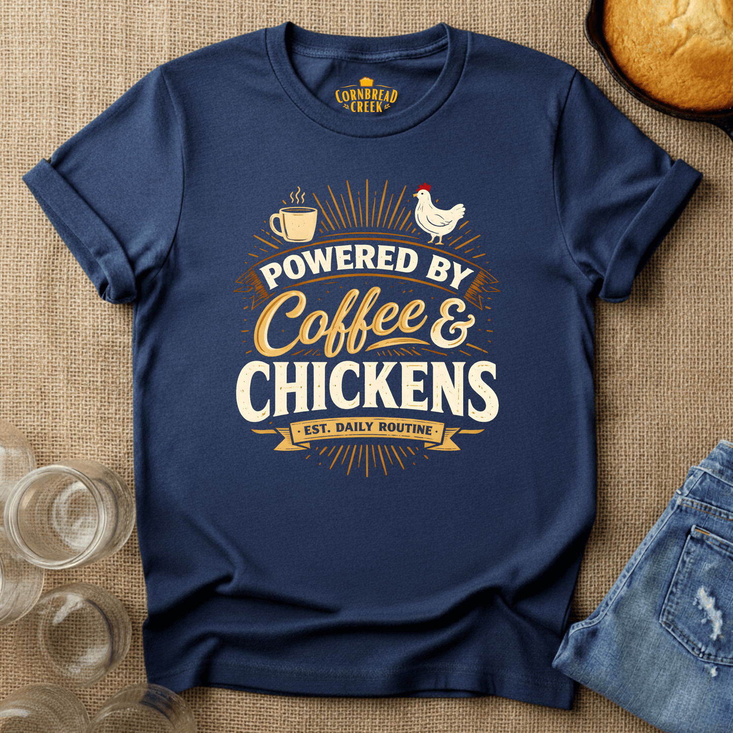 Powered By Coffee and Chickens T-Shirt Chicken and Rural Homestead Graphic tee Cornbread Creek