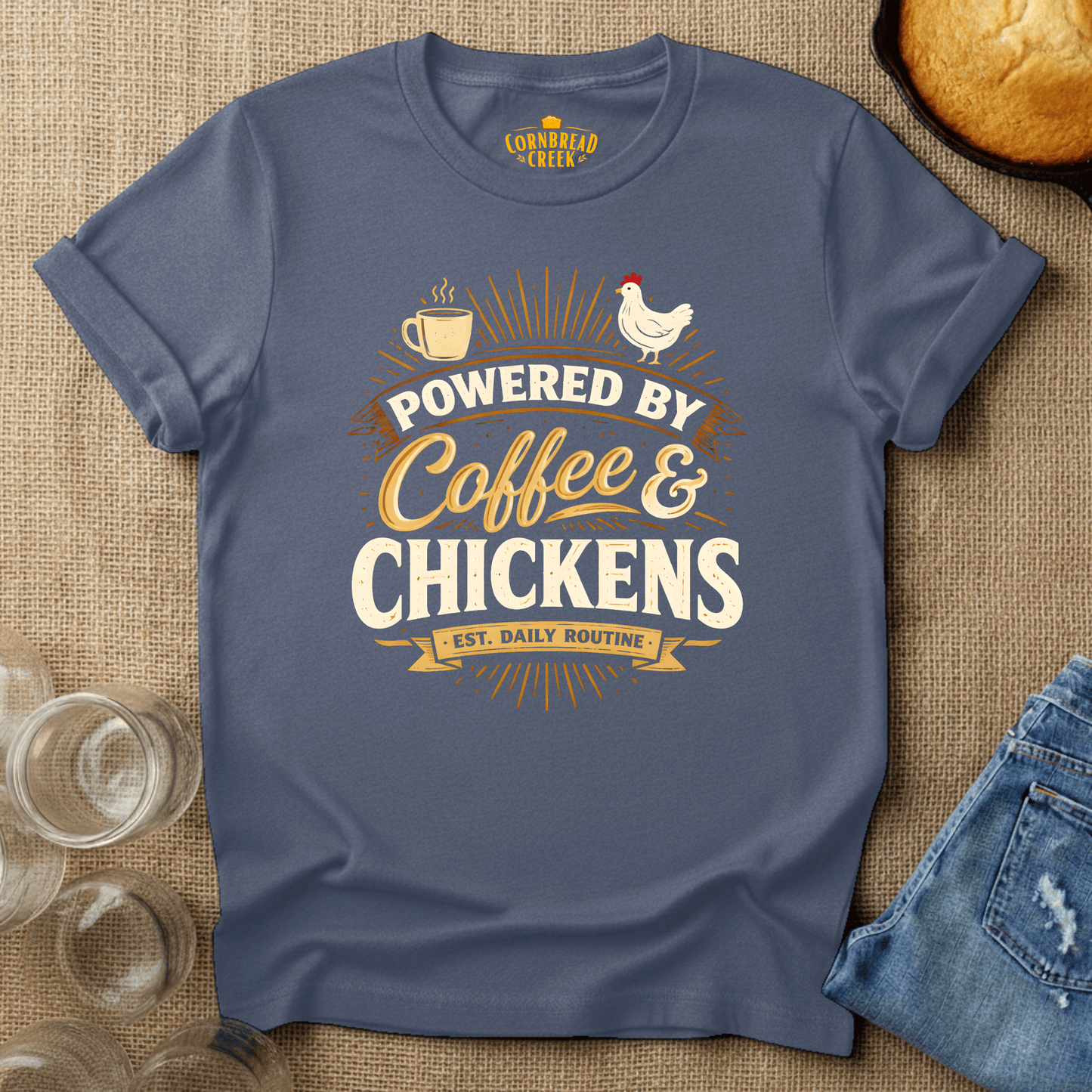 Powered By Coffee and Chickens T-Shirt Chicken and Rural Homestead Graphic tee Cornbread Creek