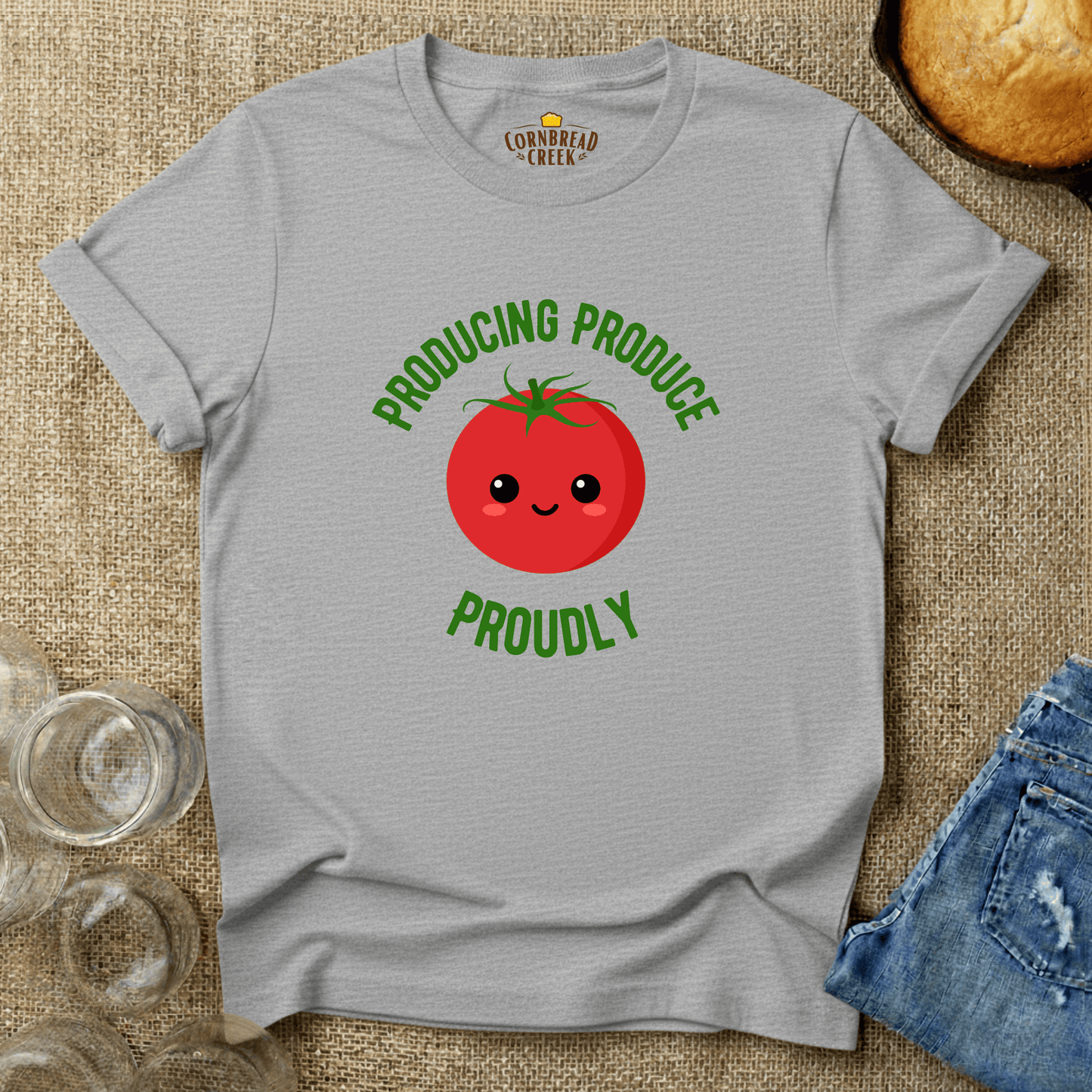 Producing Produce Proudly T-Shirt Chicken and Rural Homestead Graphic tee Cornbread Creek
