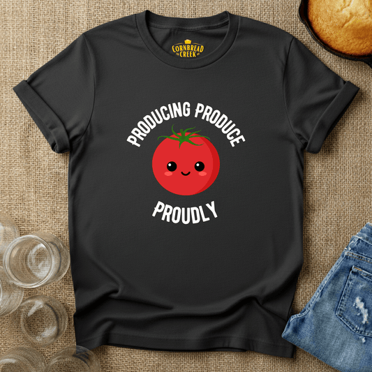 Producing Produce Proudly T-Shirt Chicken and Rural Homestead Graphic tee Cornbread Creek