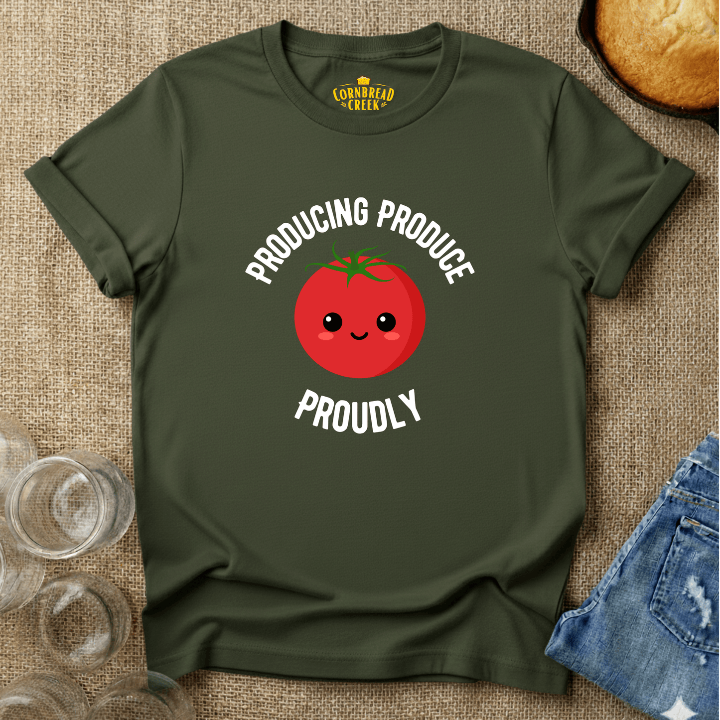 Producing Produce Proudly T-Shirt Chicken and Rural Homestead Graphic tee Cornbread Creek