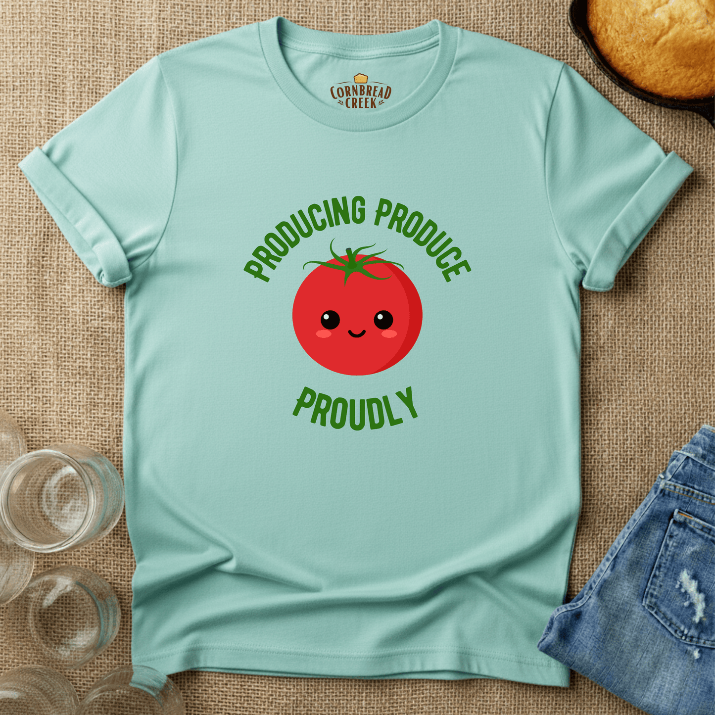 Producing Produce Proudly T-Shirt Chicken and Rural Homestead Graphic tee Cornbread Creek