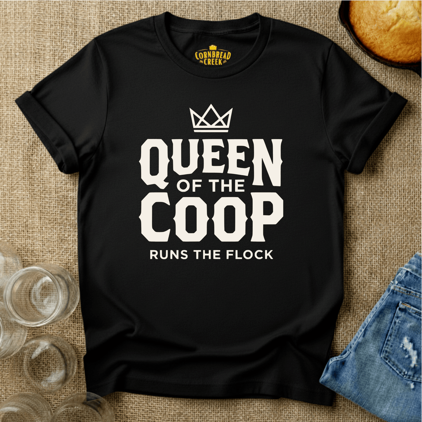 Queen of the Coop, Runs the Flock T-Shirt Chicken and Rural Homestead Graphic tee Cornbread Creek