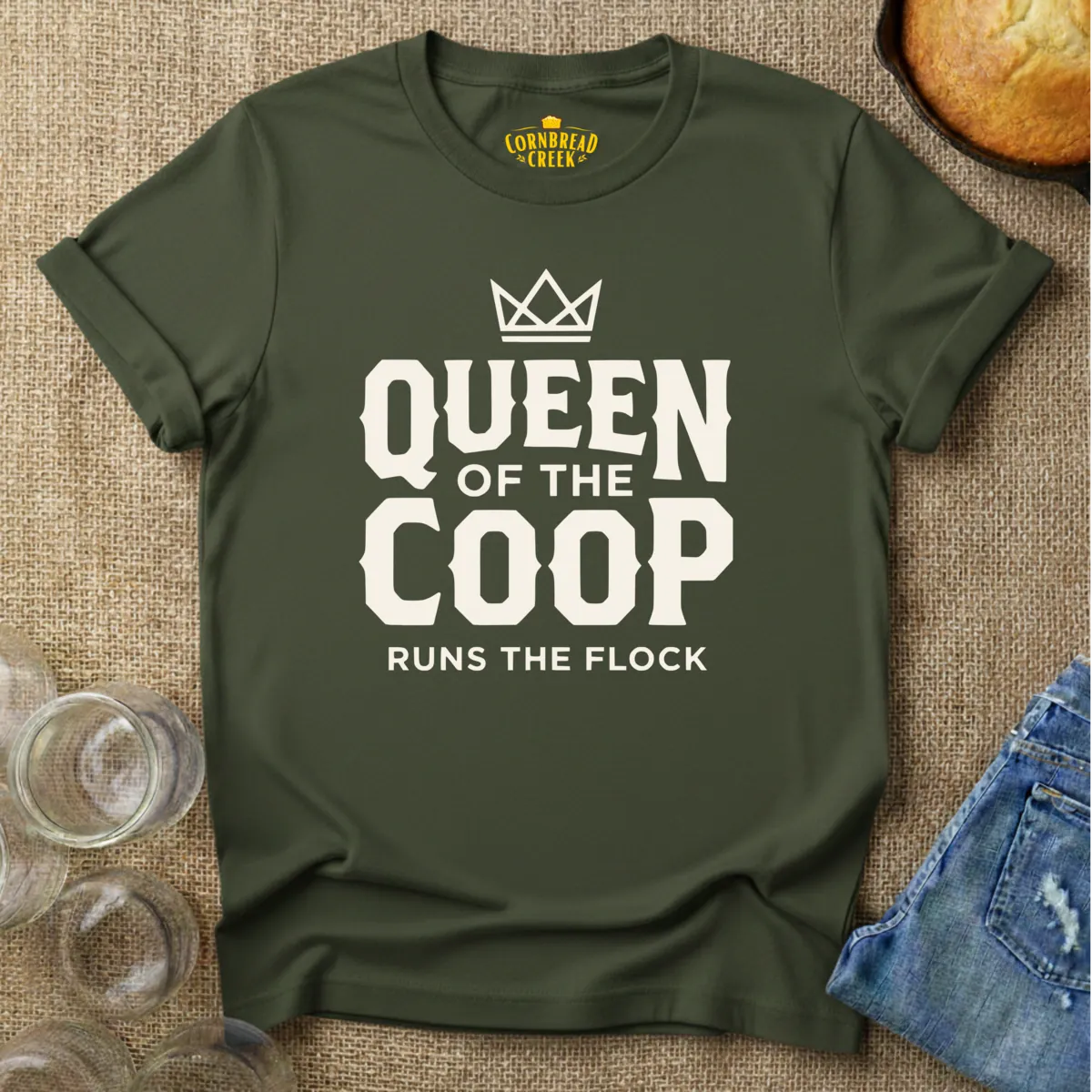 Queen of the Coop, Runs the Flock T-Shirt Chicken and Rural Homestead Graphic tee Cornbread Creek