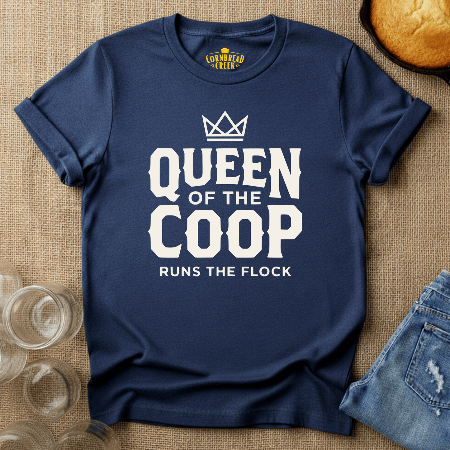 Queen of the Coop, Runs the Flock T-Shirt Chicken and Rural Homestead Graphic tee Cornbread Creek