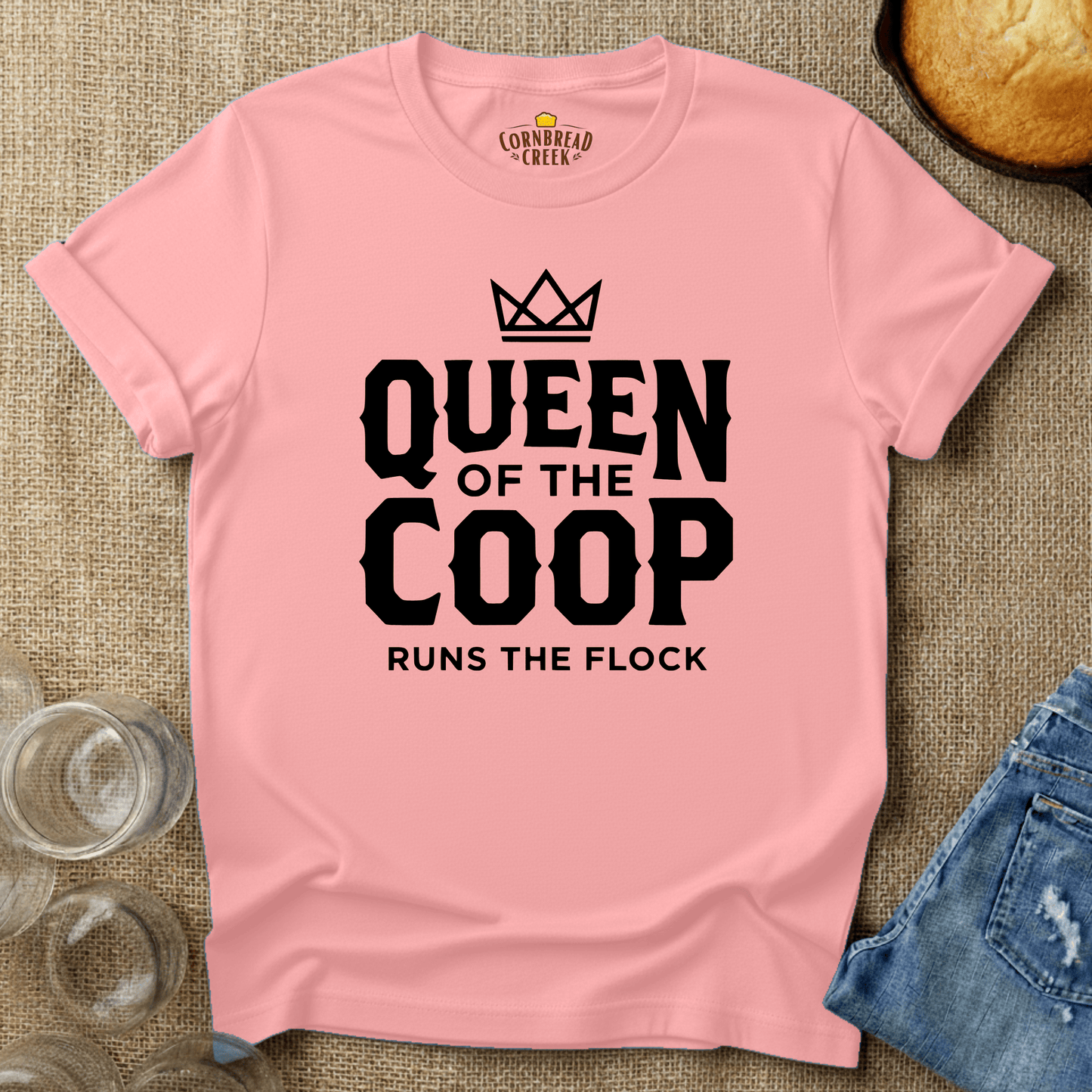 Queen of the Coop, Runs the Flock T-Shirt Chicken and Rural Homestead Graphic tee Cornbread Creek